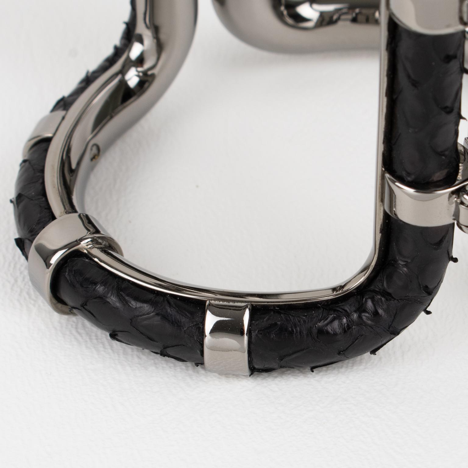 Lanvin Paris Black Python Skin and Gray Steel Clamper Bracelet in Box For Sale 5