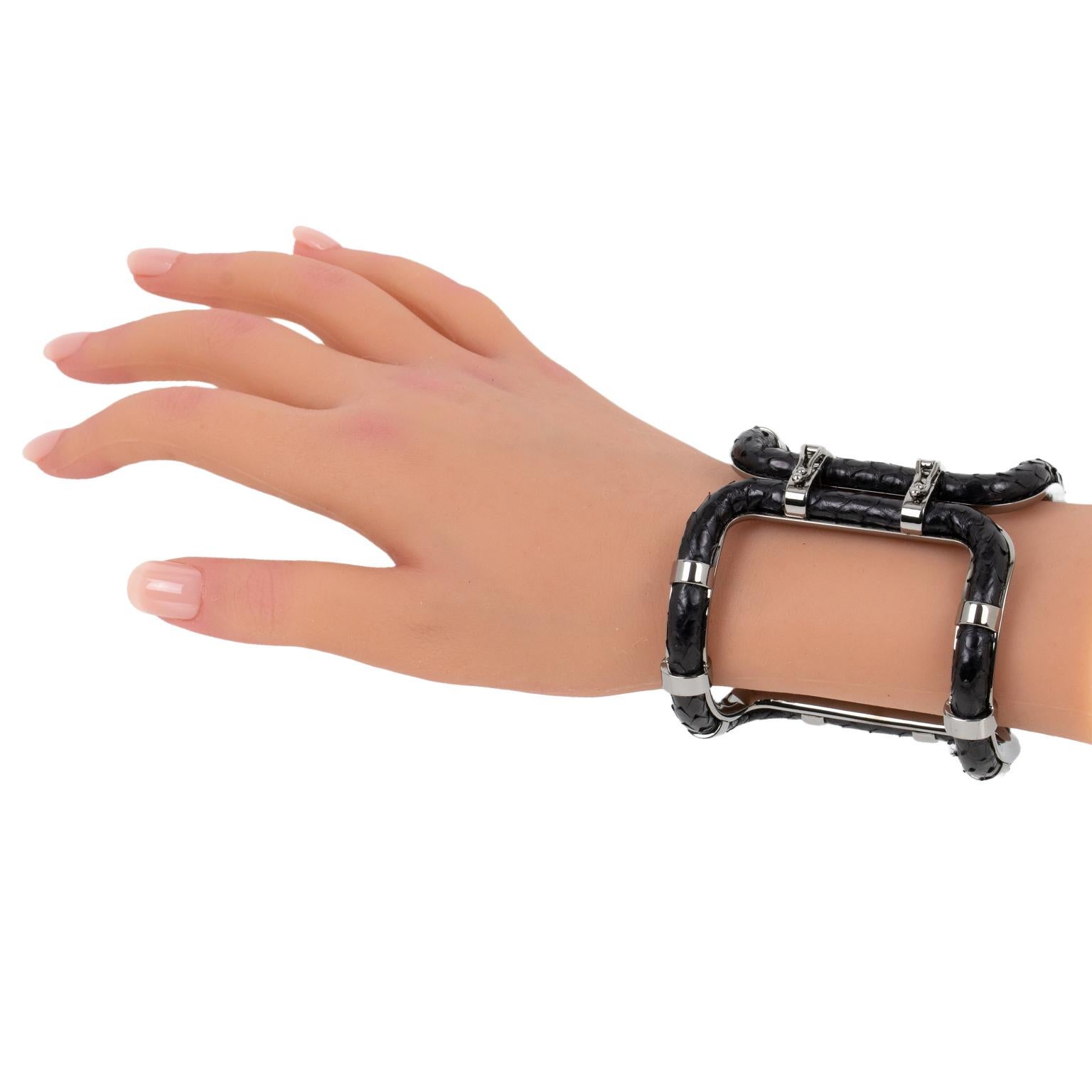 Lanvin Paris Black Python Skin and Gray Steel Clamper Bracelet in Box For Sale 7