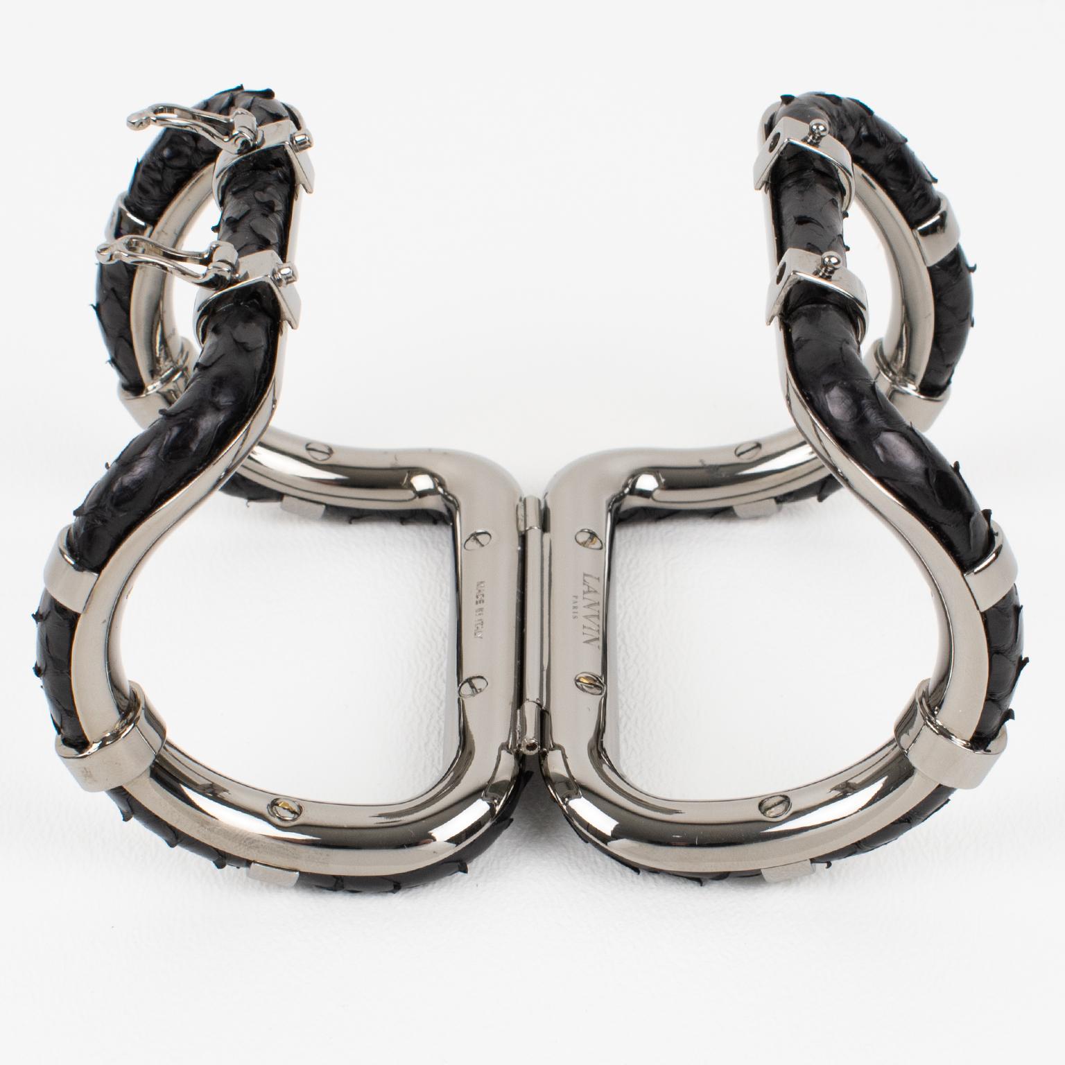 Women's or Men's Lanvin Paris Black Python Skin and Gray Steel Clamper Bracelet in Box For Sale