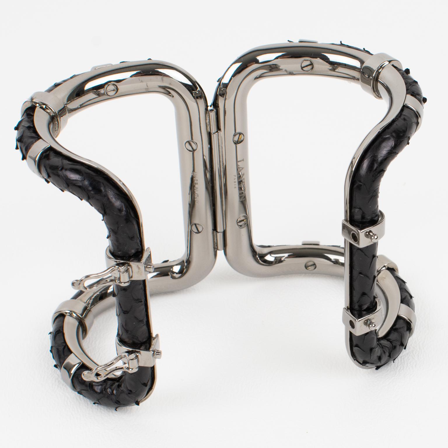 Lanvin Paris Black Python Skin and Gray Steel Clamper Bracelet in Box For Sale 1