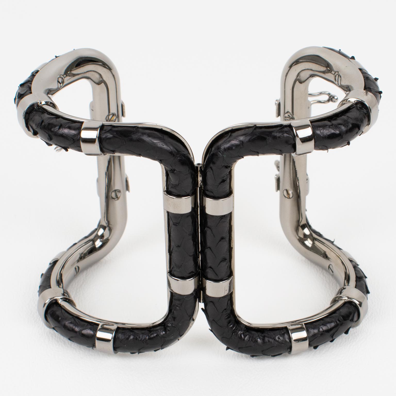 Lanvin Paris Black Python Skin and Gray Steel Clamper Bracelet in Box For Sale 2