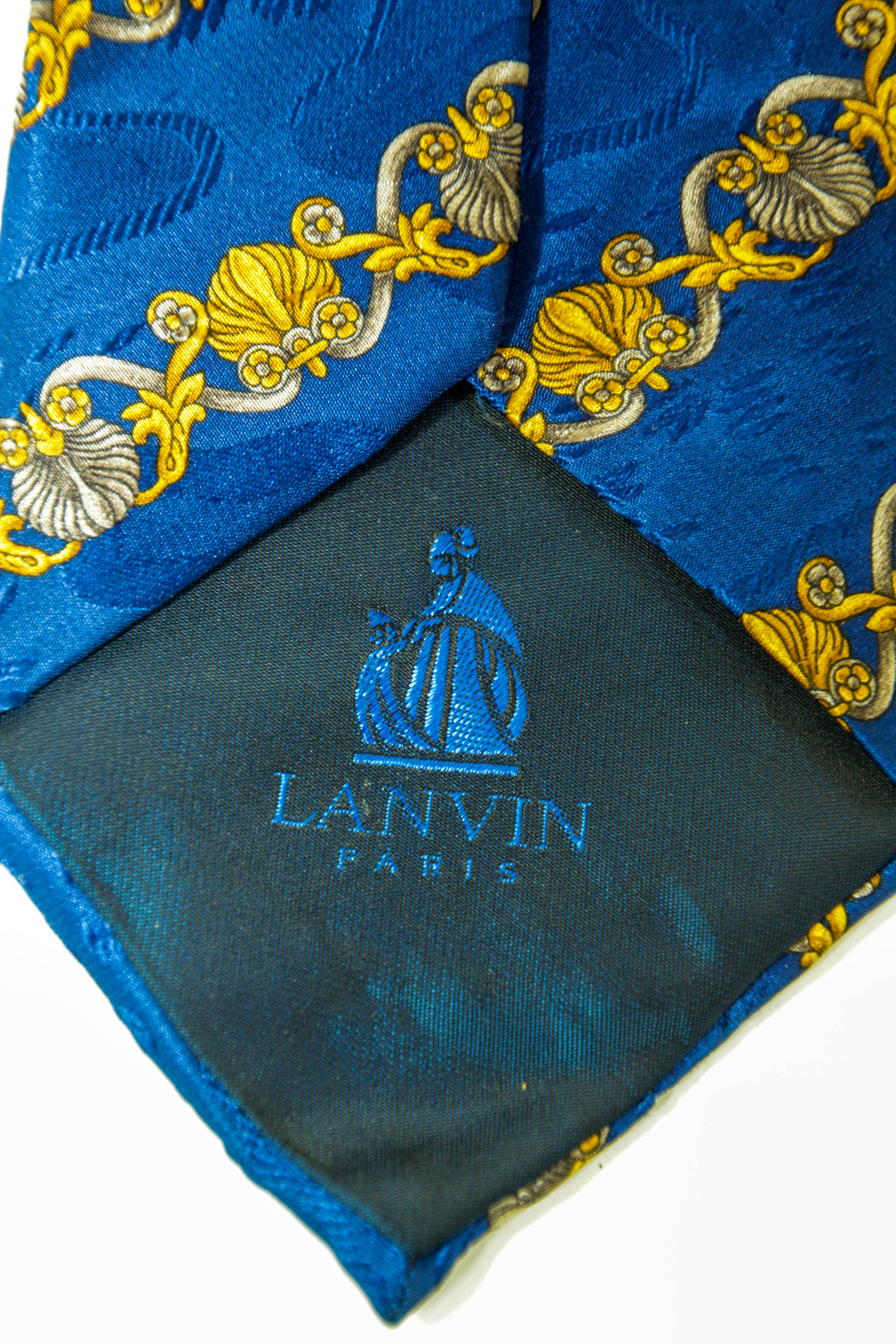 LANVIN Paris Blue and Gold Silk Neck Tie France In Good Condition For Sale In North Hollywood, CA