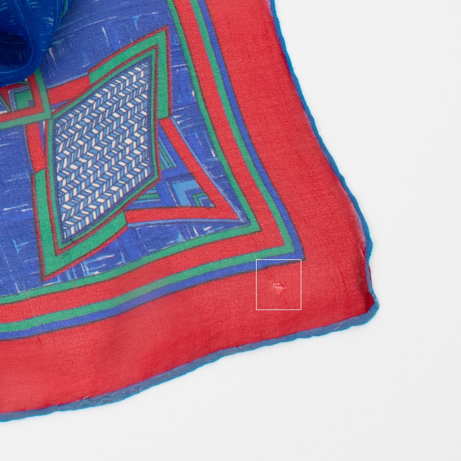 Lanvin Paris Chiffon Silk Scarf Elephants Print in Red and Blue, c1950s For Sale 8
