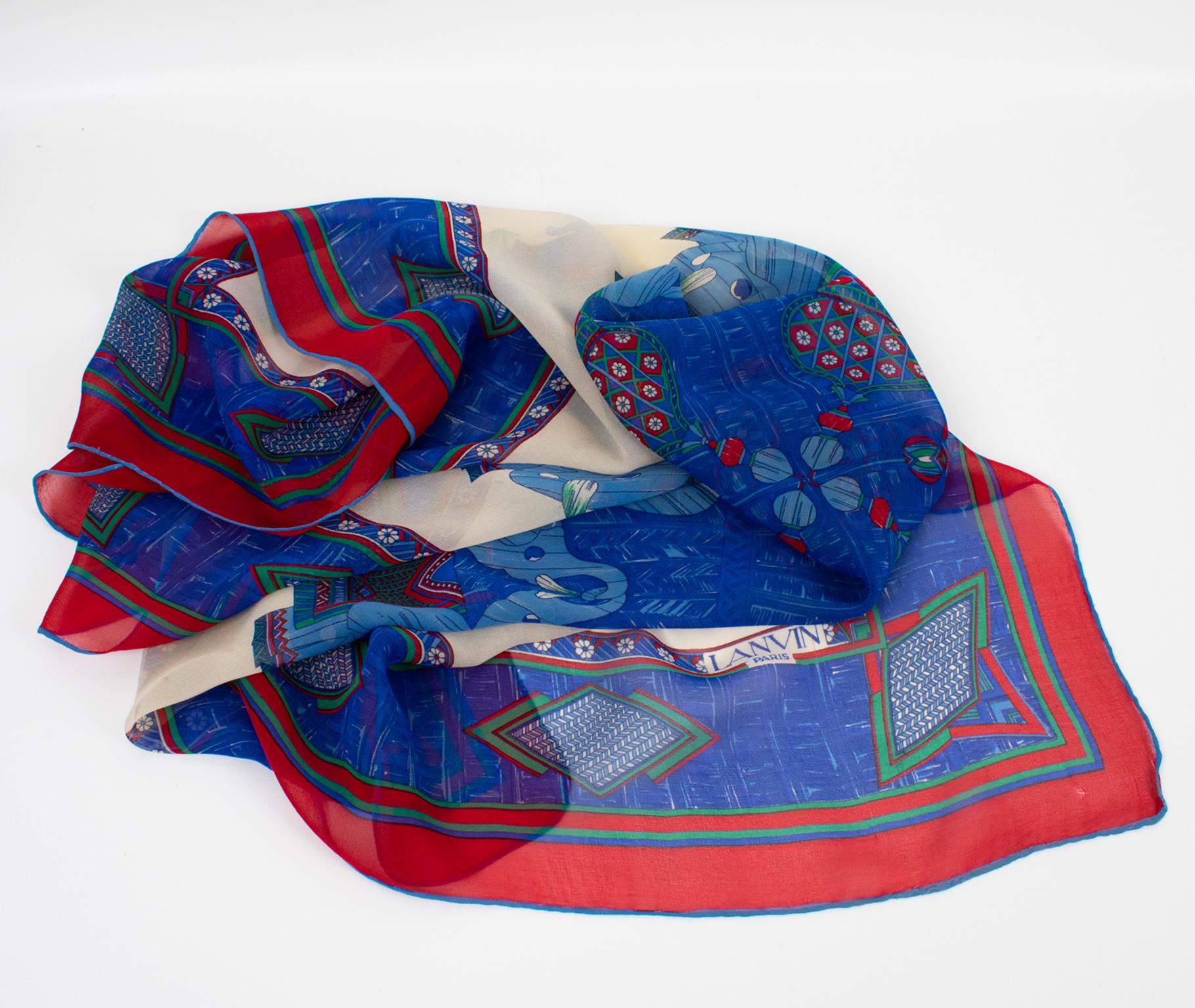 Purple Lanvin Paris Chiffon Silk Scarf Elephants Print in Red and Blue, c1950s For Sale