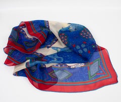 Lanvin Paris Chiffon Silk Scarf Elephants Print in Red and Blue
