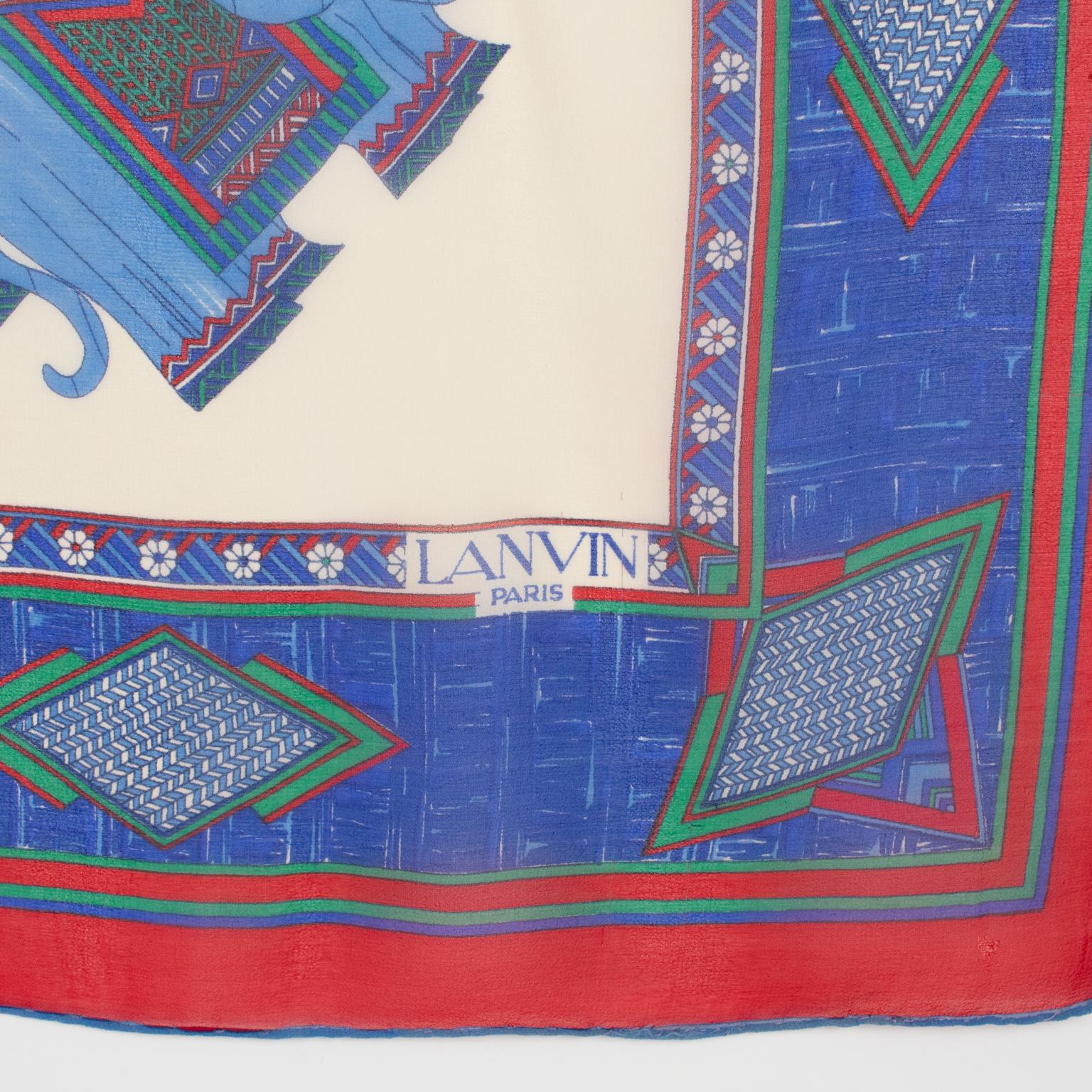 Lanvin Paris Chiffon Silk Scarf Elephants Print in Red and Blue, c1950s In Good Condition For Sale In Atlanta, GA