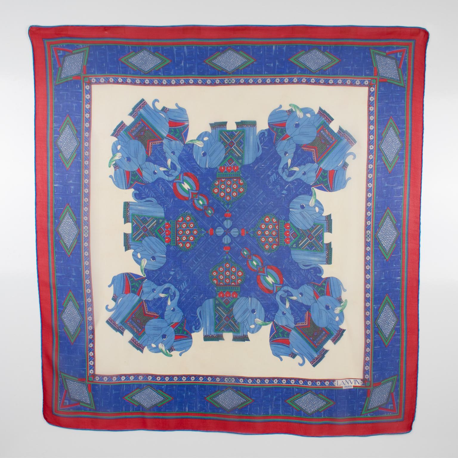 Women's or Men's Lanvin Paris Chiffon Silk Scarf Elephants Print in Red and Blue, c1950s For Sale