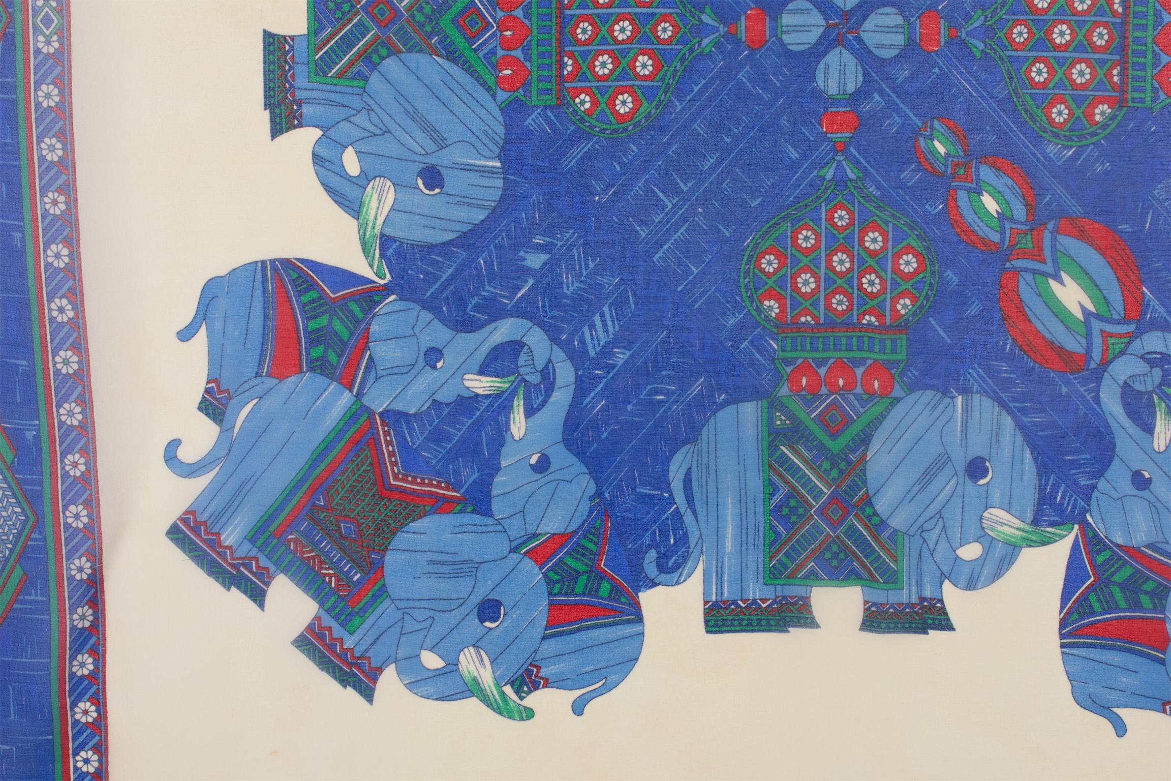 Lanvin Paris Chiffon Silk Scarf Elephants Print in Red and Blue, c1950s For Sale 1