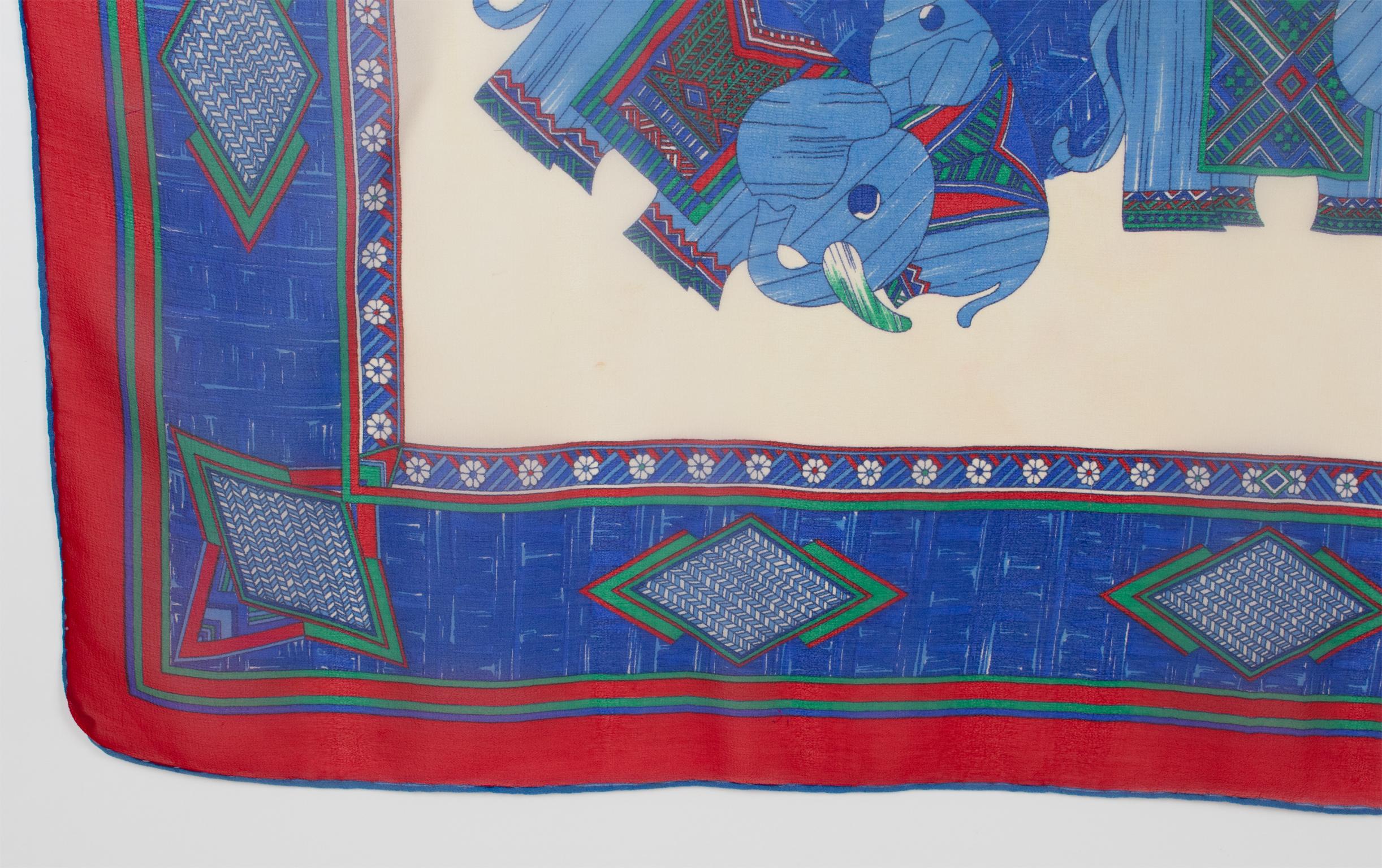 Lanvin Paris Chiffon Silk Scarf Elephants Print in Red and Blue, c1950s For Sale 2