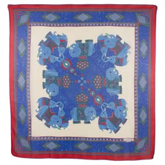 Lanvin Paris Chiffon Silk Scarf Elephants Print in Red and Blue, c1950s