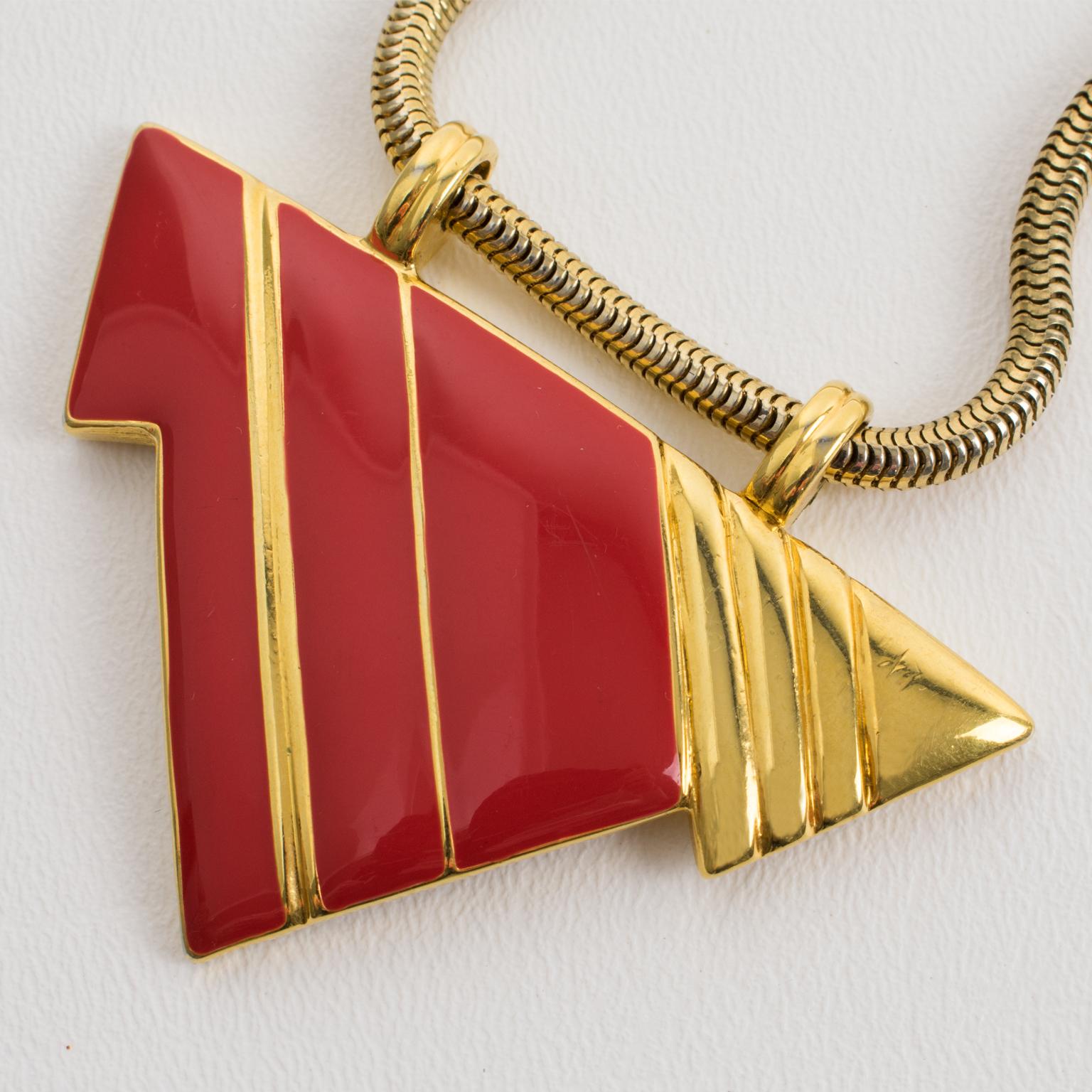 Lanvin Paris Geometric Necklace Gilt Metal and Red Enamel For Sale 2