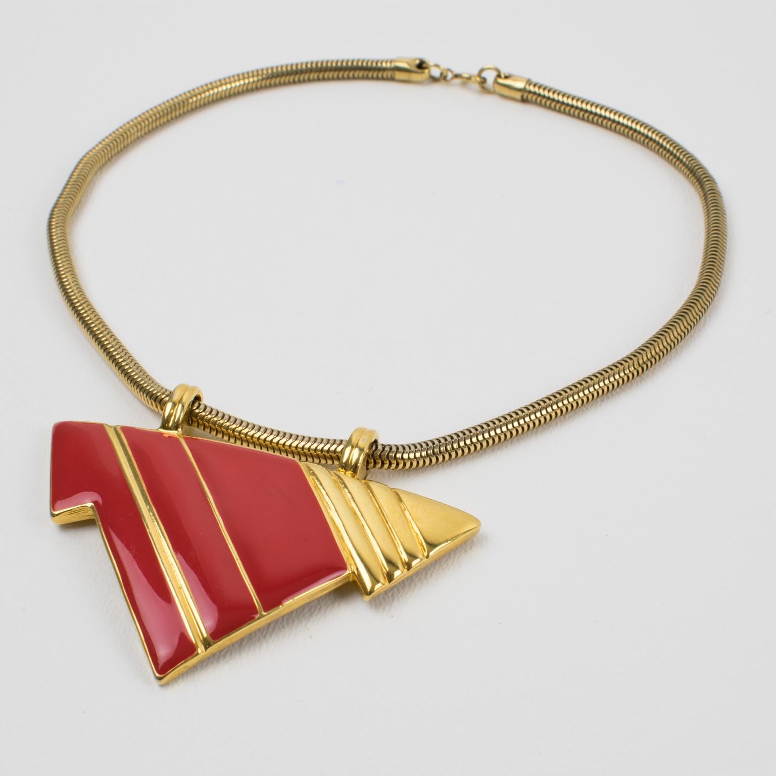 Lanvin Paris Collier géométrique en métal doré et émail rouge Pour femmes en vente
