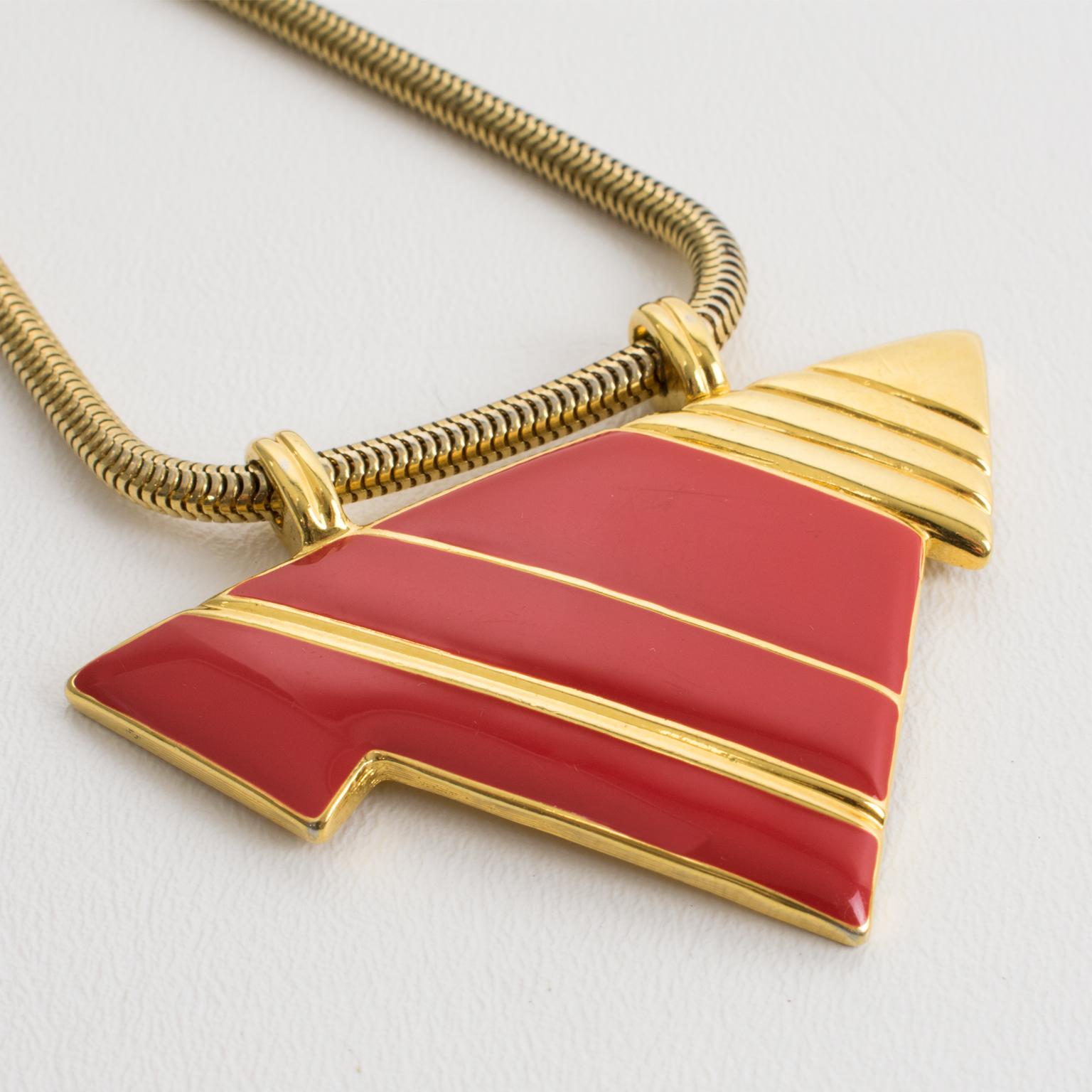 Lanvin Paris Geometric Necklace Gilt Metal and Red Enamel In Excellent Condition For Sale In Atlanta, GA