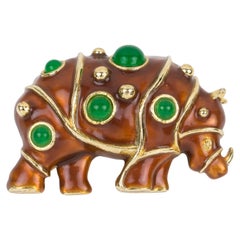 Lanvin Paris Gilded Metal and Enamel Rhino Jeweled Brooch