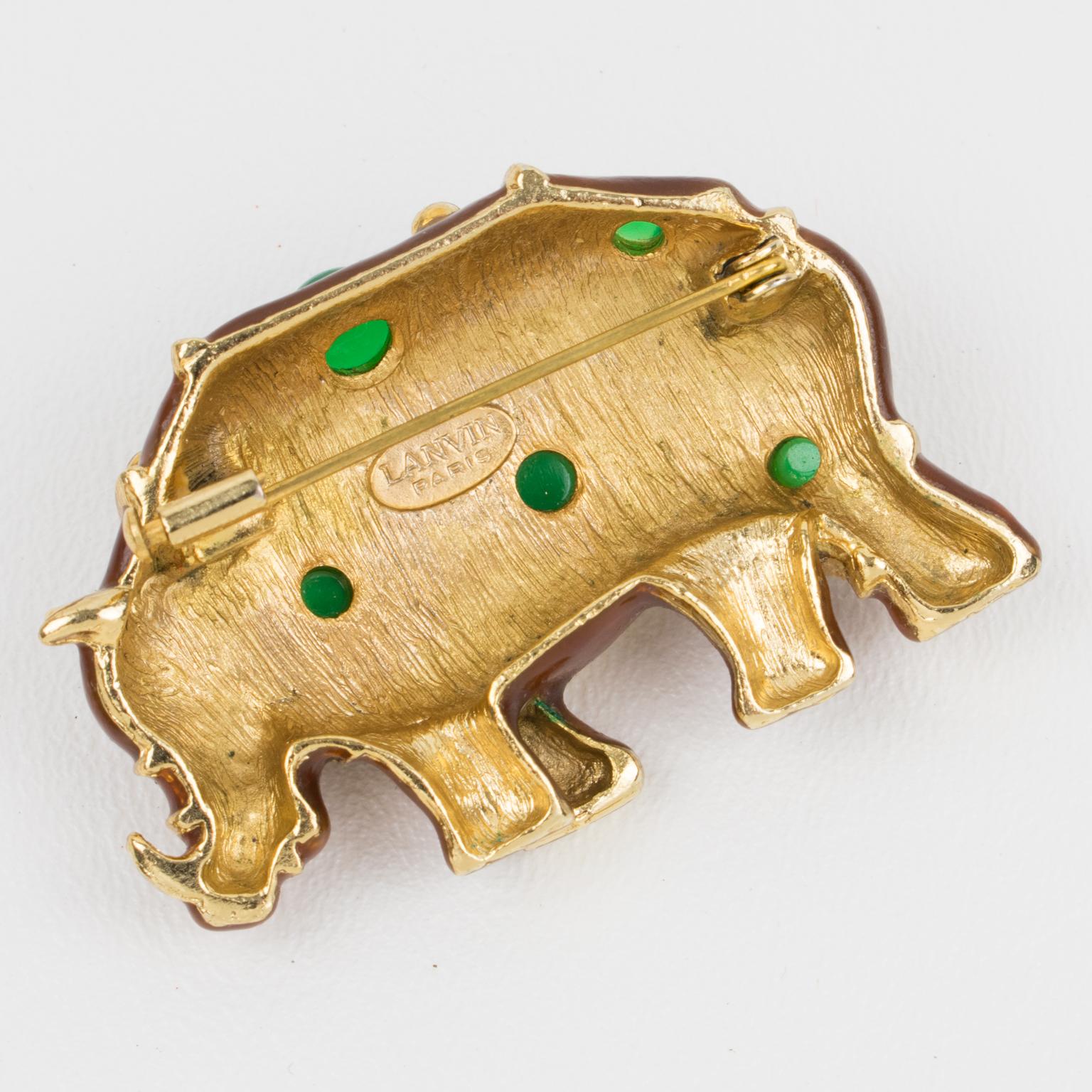 Lanvin Paris Broche Rhino en métal doré et émail ornée de bijoux Excellent état - En vente à Atlanta, GA