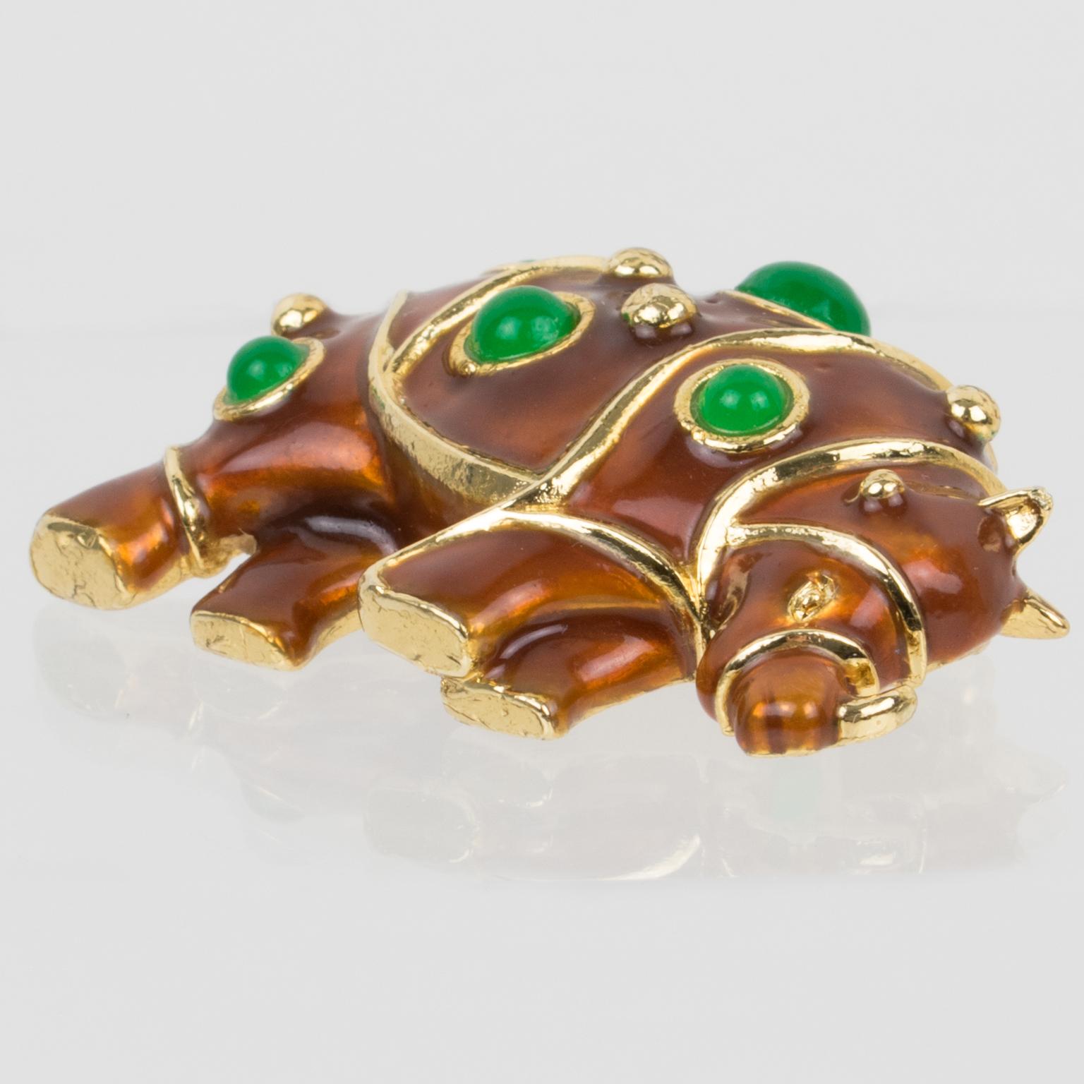Lanvin Paris Gilt Metal and Enamel Jeweled Rhino Pin Brooch In Excellent Condition For Sale In Atlanta, GA