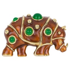 Lanvin Paris Broche Rhino en métal doré et émail ornée de bijoux