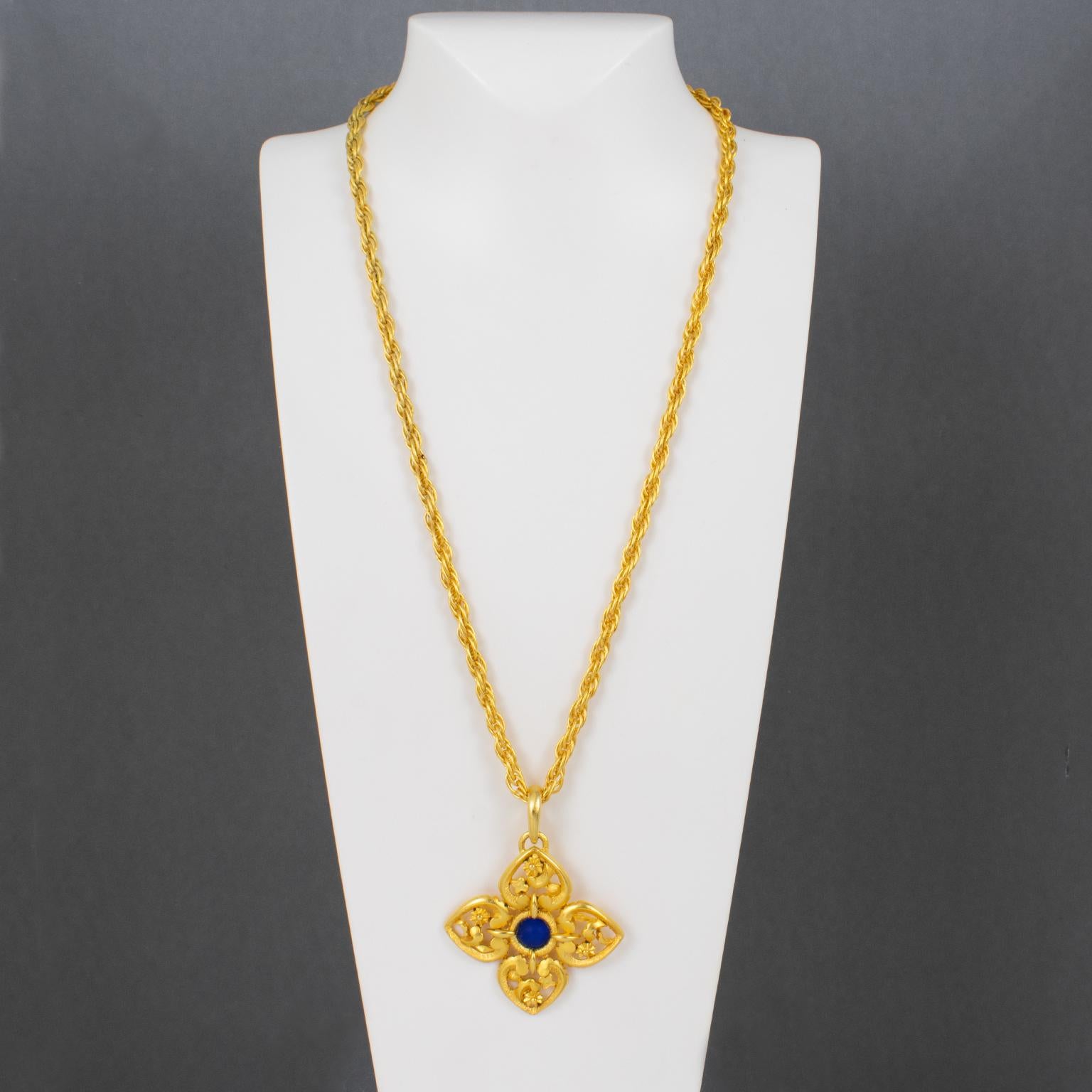 Modern Lanvin Paris Gilt Metal Pendant Necklace with Blue Poured Glass Cabochon For Sale