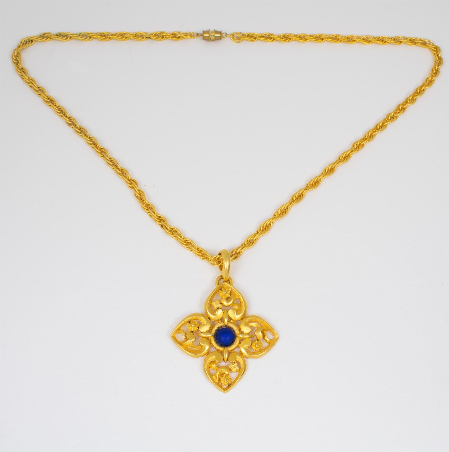 Modern Lanvin Paris Gilt Metal Pendant Necklace with Blue Poured Glass Cabochon For Sale