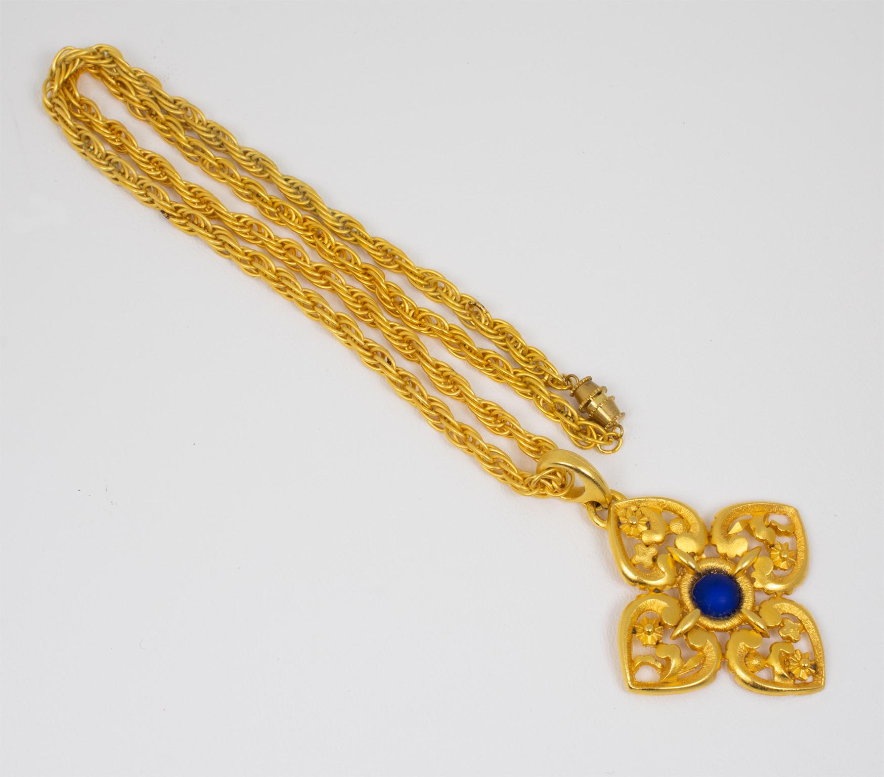 Women's Lanvin Paris Gilt Metal Pendant Necklace with Blue Poured Glass Cabochon For Sale