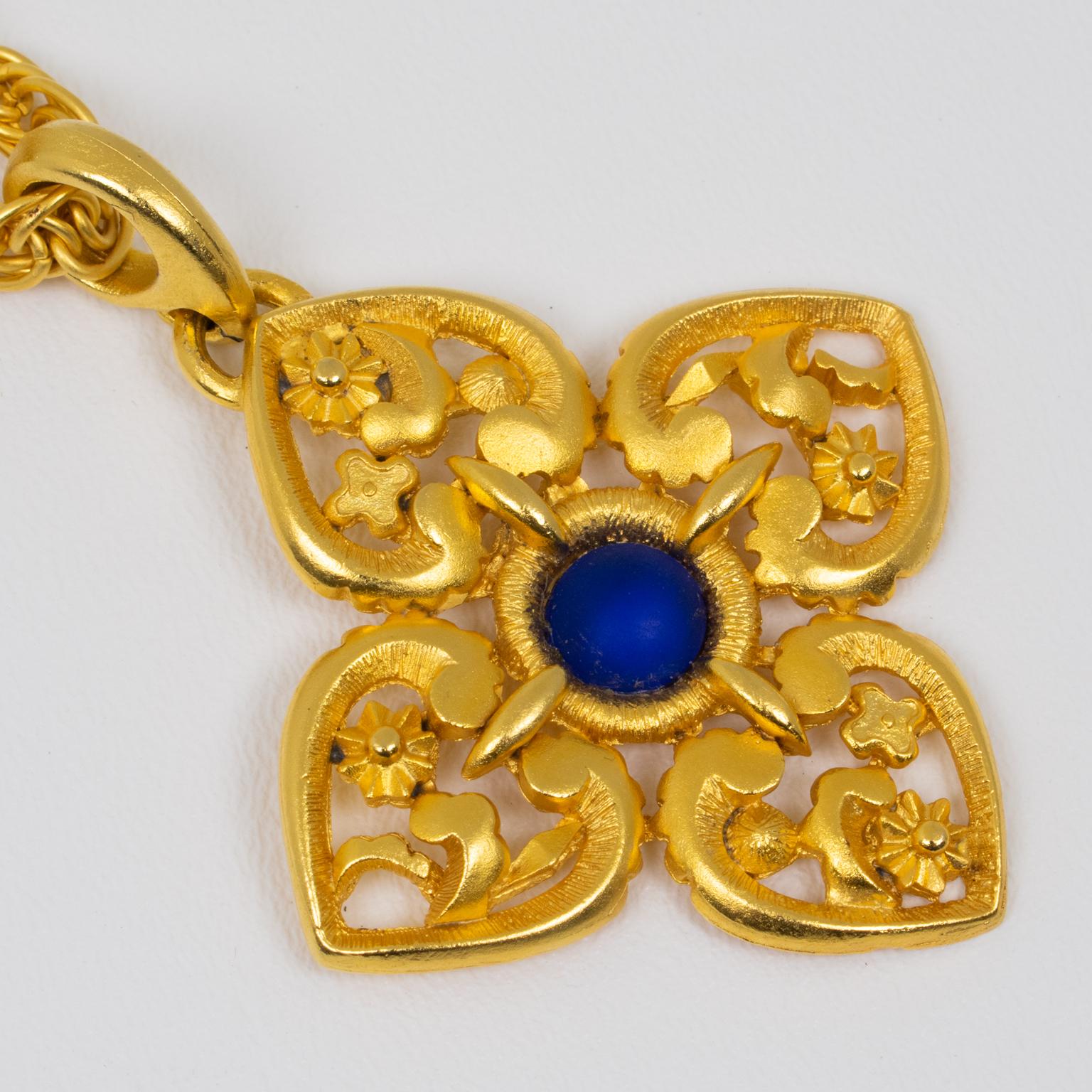 Lanvin Paris Gilt Metal Pendant Necklace with Blue Poured Glass Cabochon For Sale 1