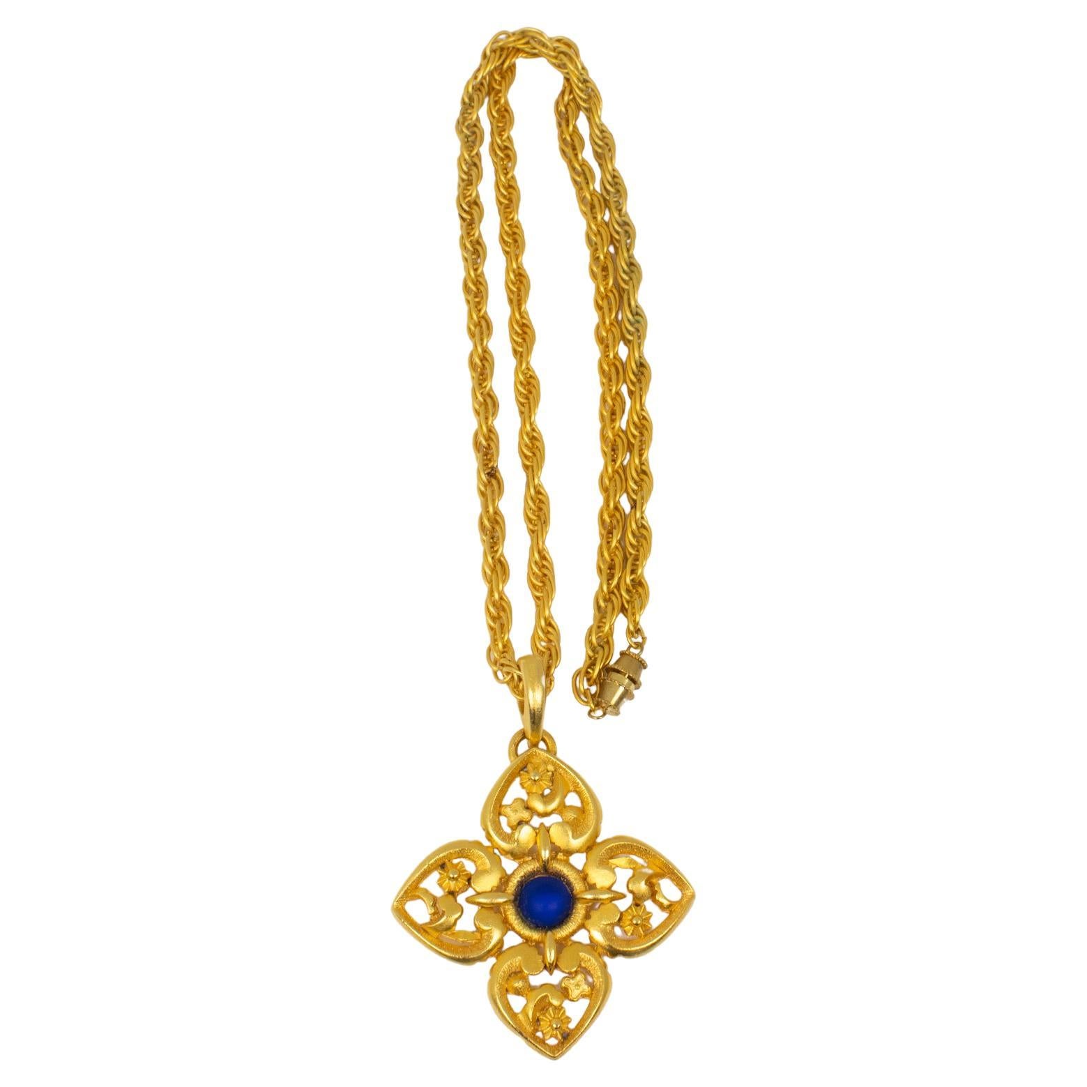 Lanvin Paris Gilt Metal Pendant Necklace with Blue Poured Glass Cabochon For Sale