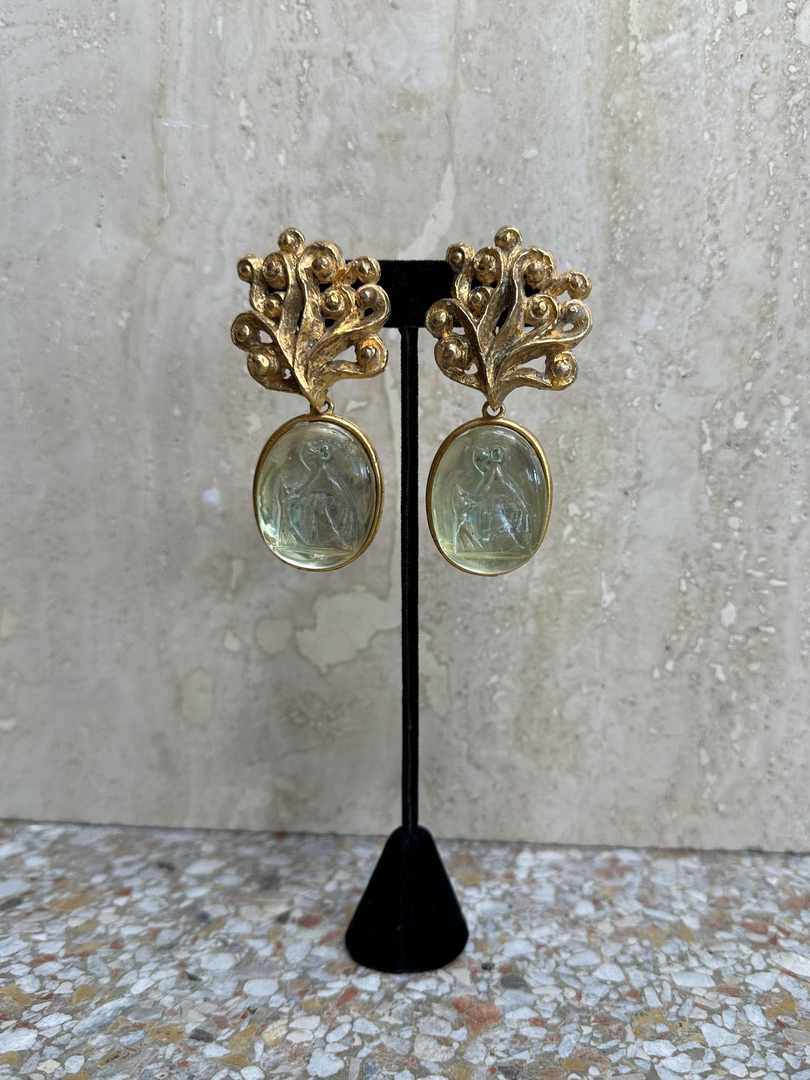 Art Déco Orecchini con motivo in vetro oro Lanvin Paris in vendita