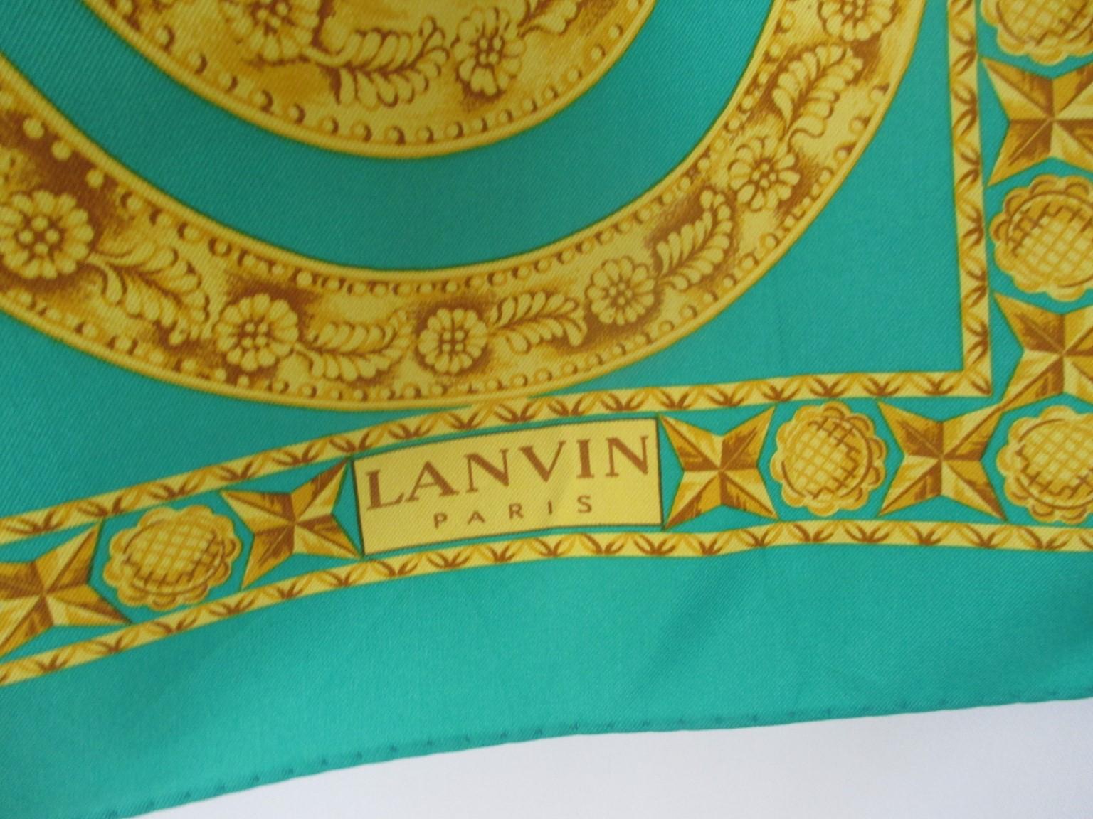 Lanvin Paris Green Gold Silk Scarf In Excellent Condition For Sale In Amsterdam, NL