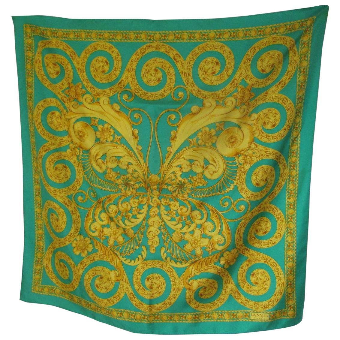 Lanvin Paris Green Gold Silk Scarf For Sale