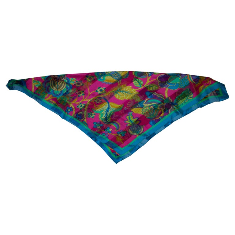 Foulard Carré Vintage MUSEE CARNAVAL PARIS - Soie 100% Roulotté Main - 87cm, Bleu