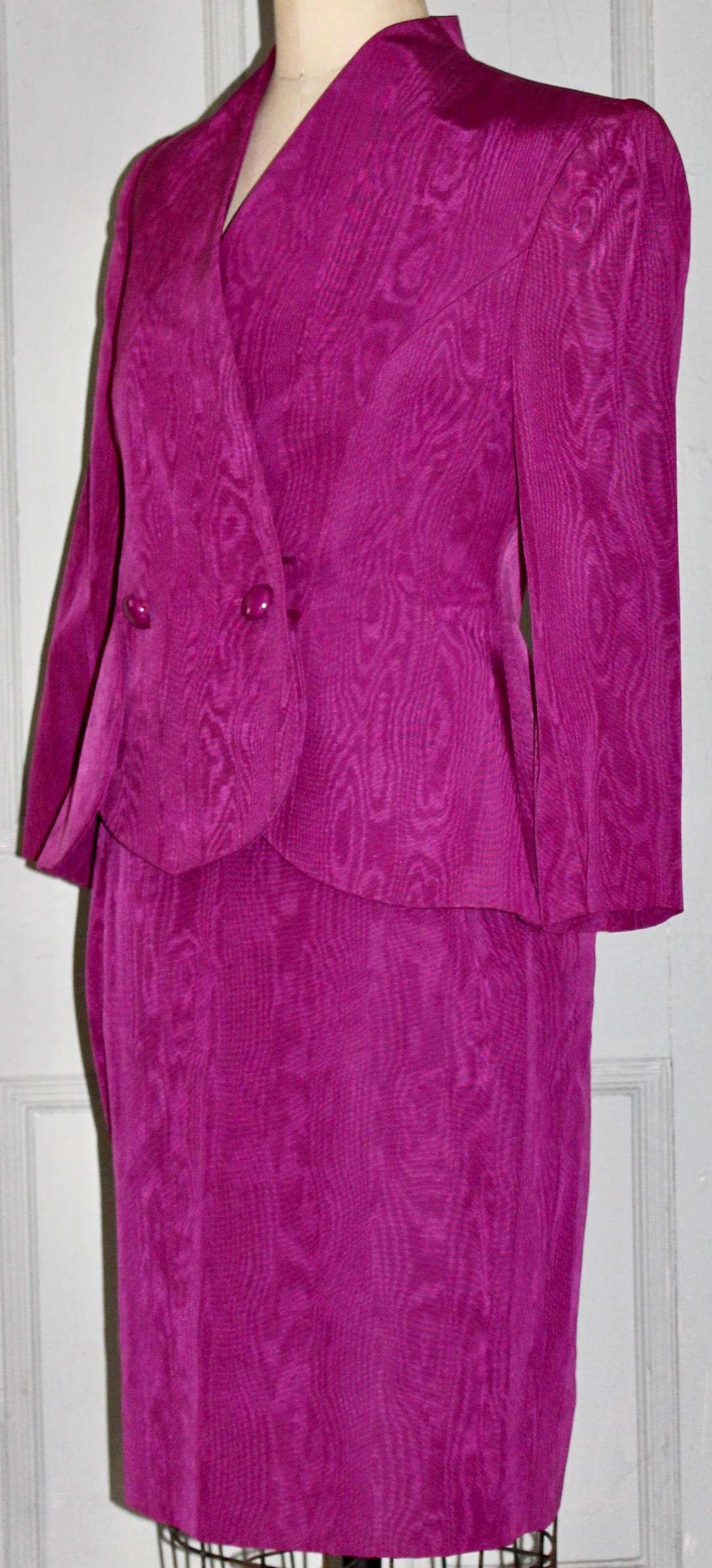 Vintage Lanvin 1980's Magenta Moire Suit (Jacket and Skirt) in the style of YSL. A size 42, Cotton/Rayon and labeled: Lanvin Paris, Made in France. Length of skirt 24