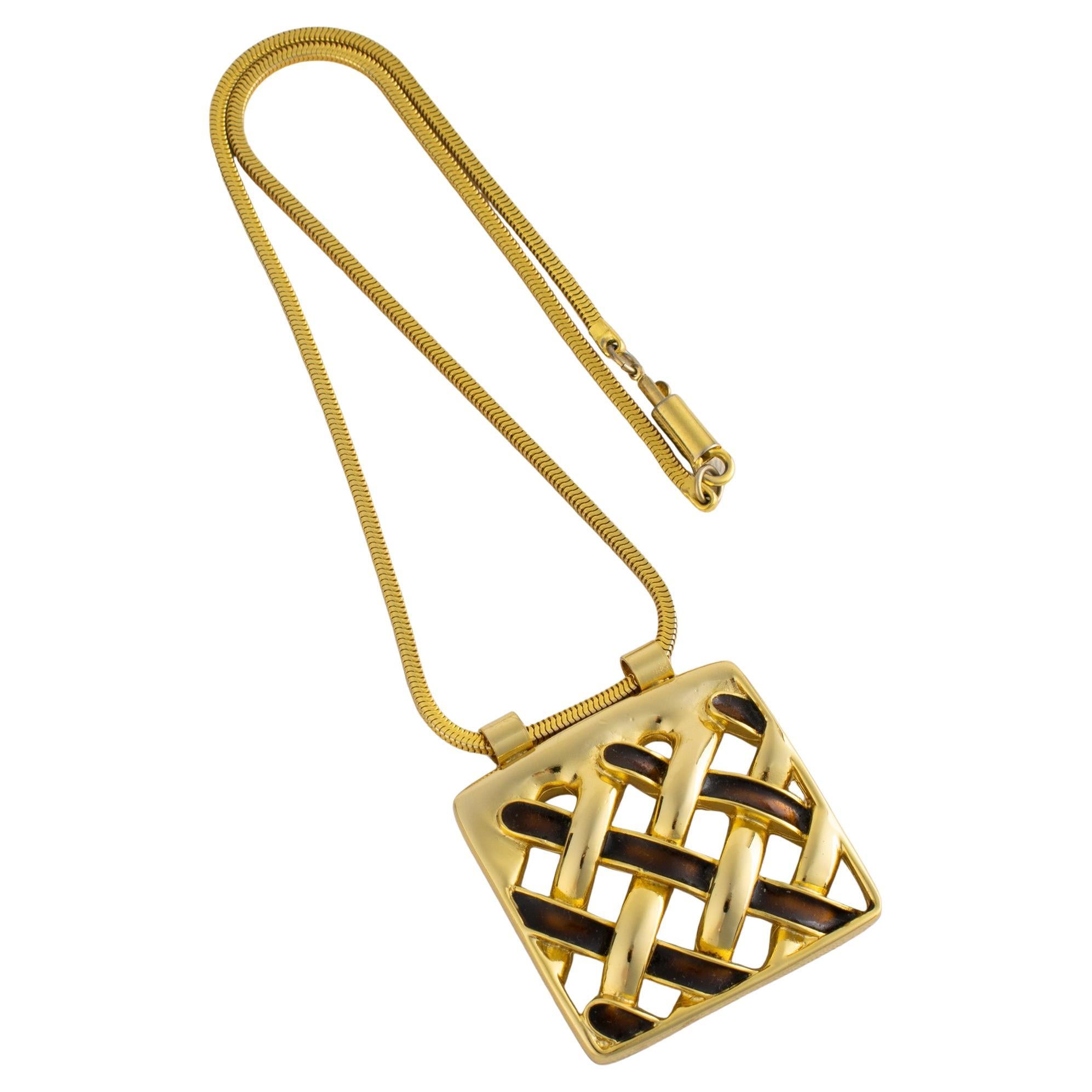 Pre-owned Lanvin Paris Modernist Gilded Snake Chain Necklace With Enamel Medallion In Multi