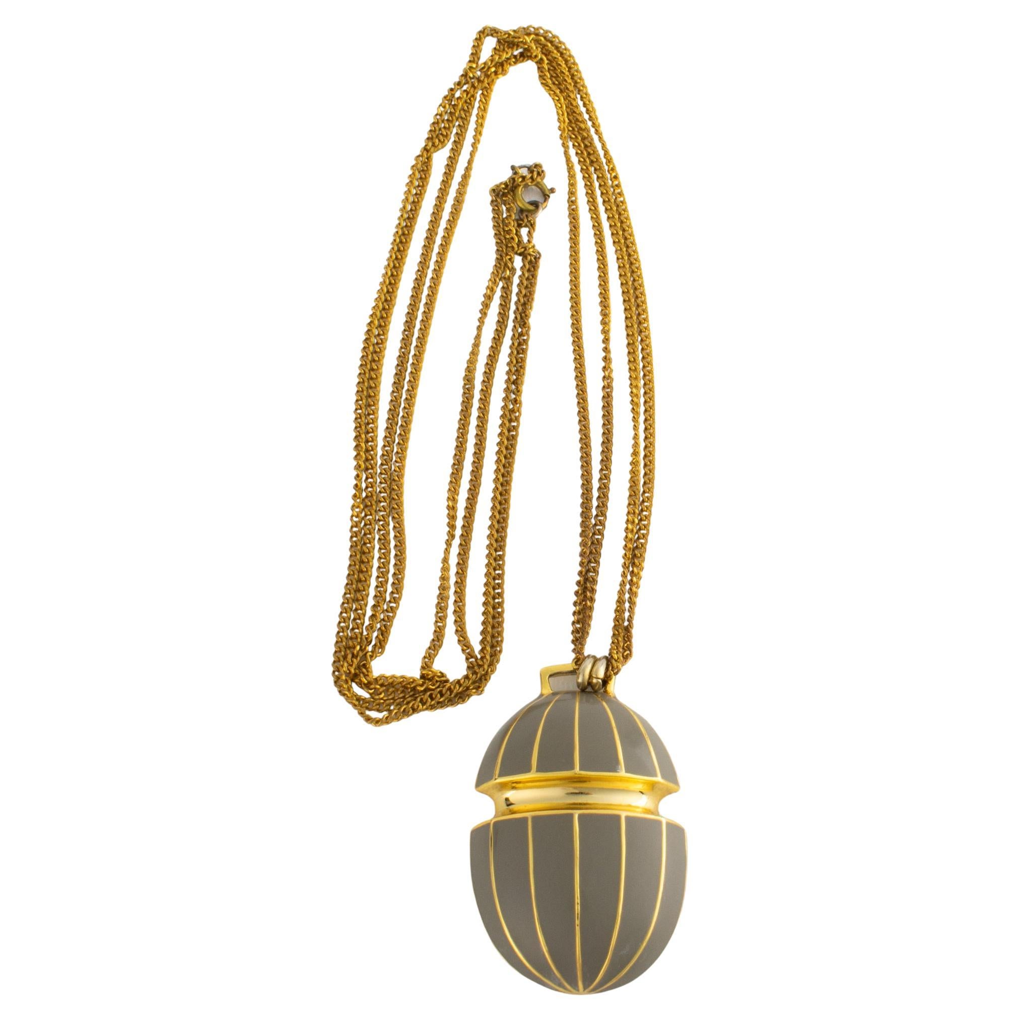 Pre-owned Lanvin Paris Modernist Gilt Metal Necklace With Taupe Enamel Pendant In Brown