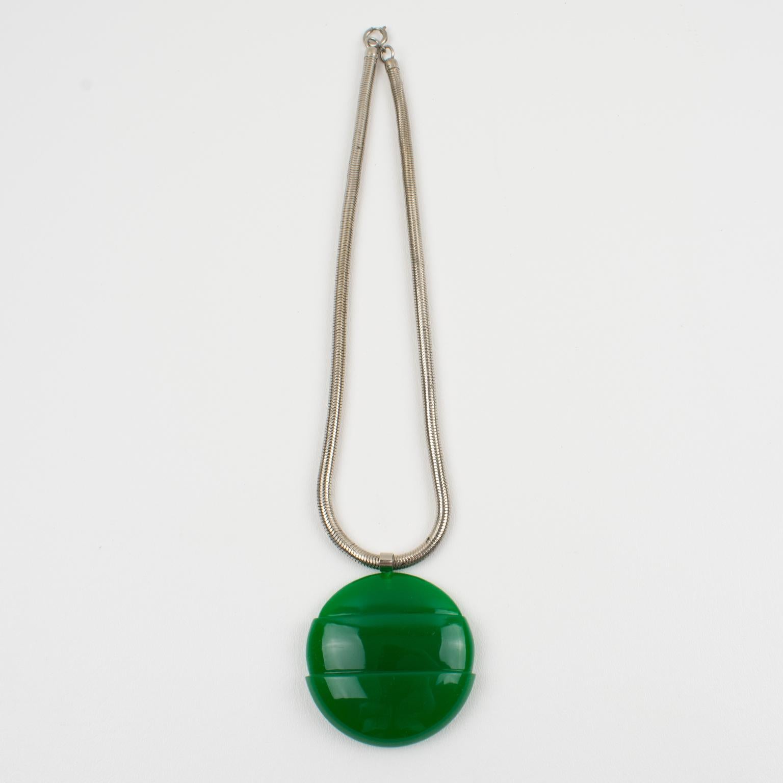 Women's Lanvin Paris Modernist Green Lucite Medallion Necklace with Snake Chain, 1970s For Sale