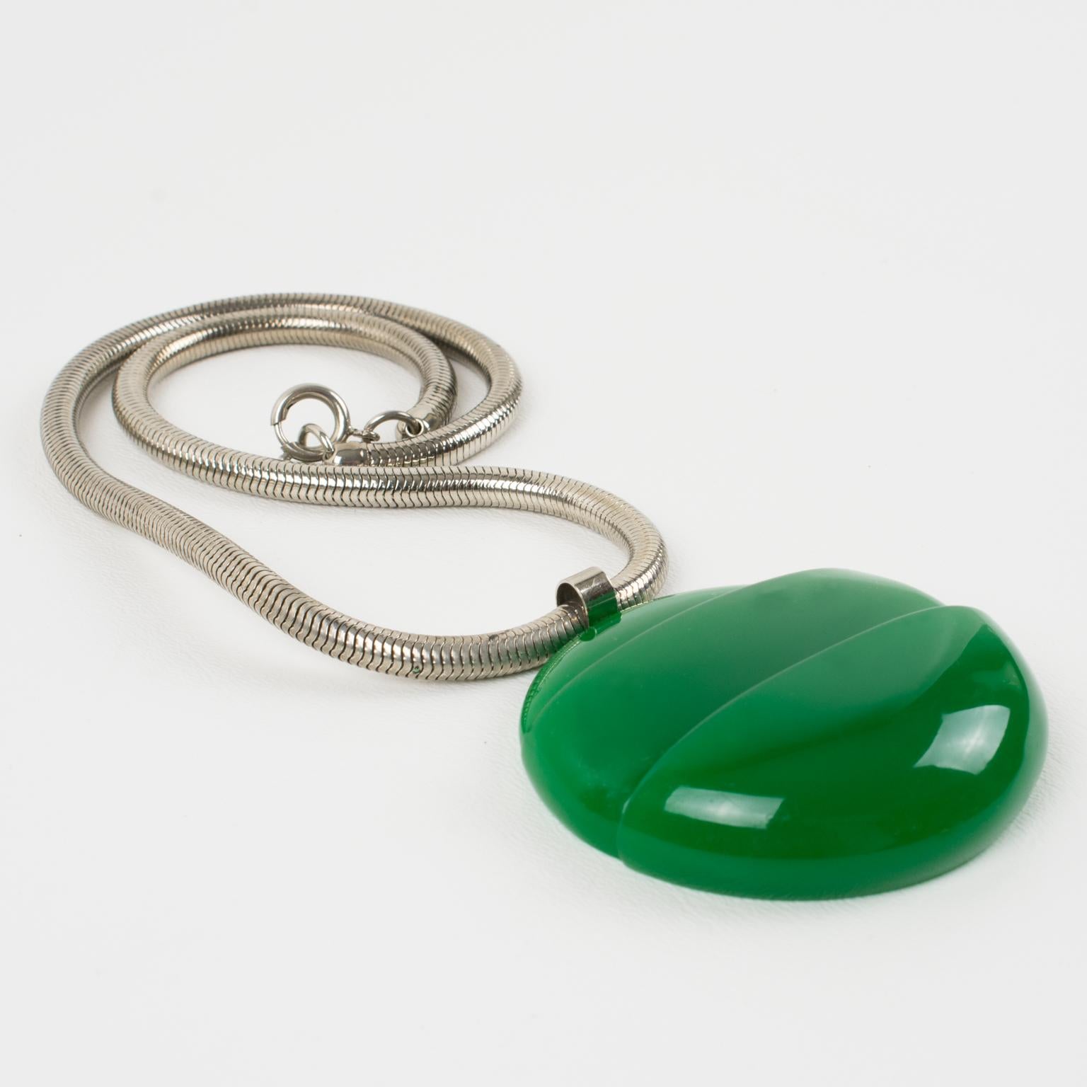 Lanvin Paris Modernist Green Lucite Medallion Necklace with Snake Chain, 1970s For Sale 1