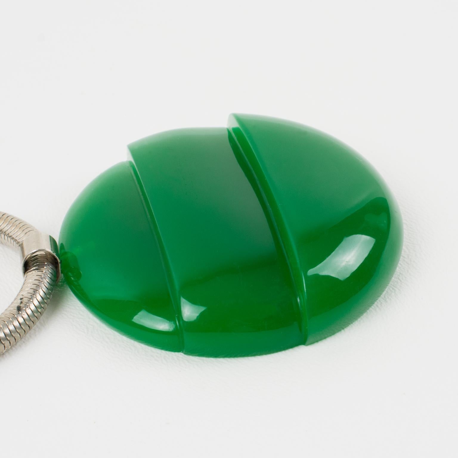 Lanvin Paris Modernist Green Lucite Medallion Necklace with Snake Chain, 1970s For Sale 2