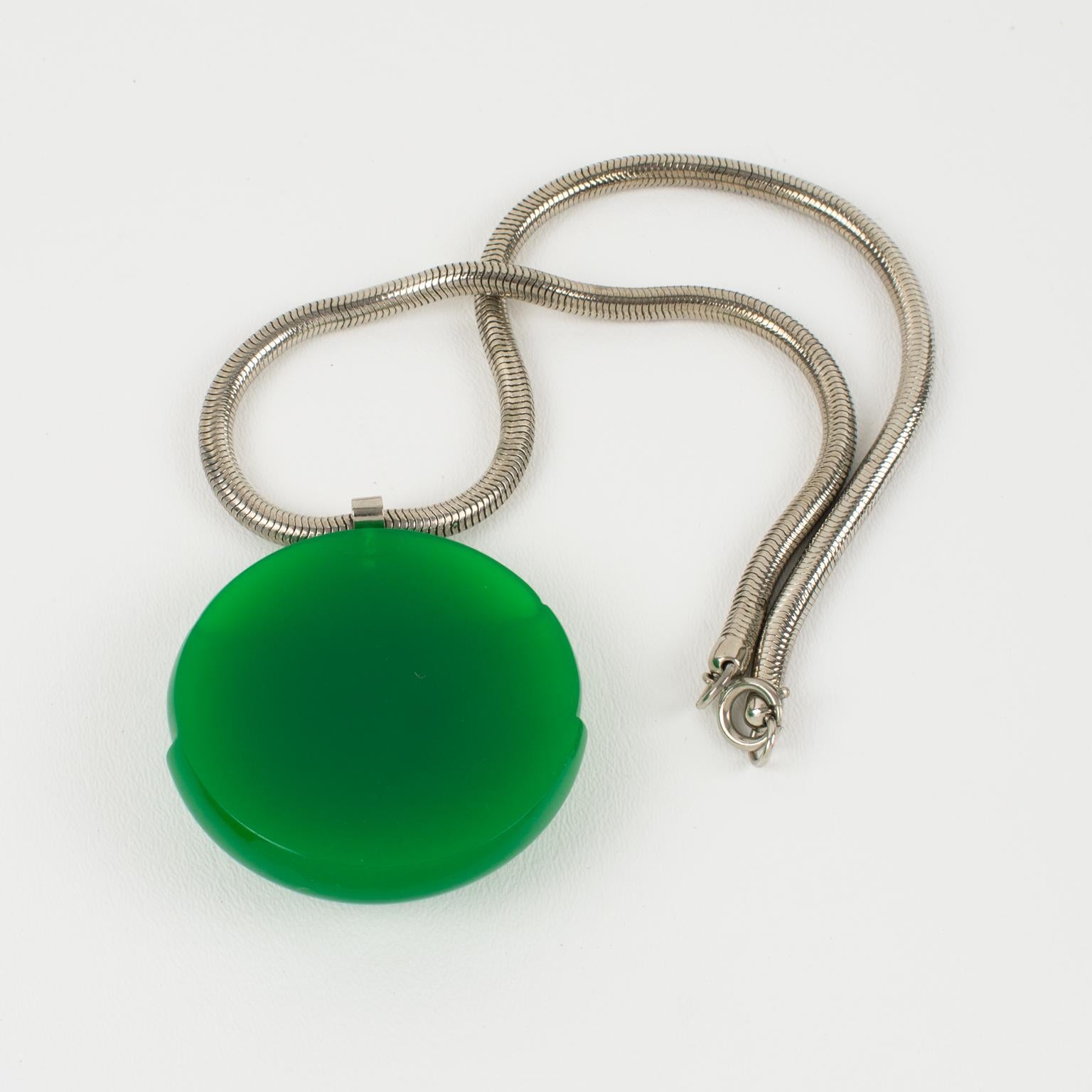 Lanvin Paris Modernist Green Lucite Medallion Necklace with Snake Chain, 1970s For Sale 4