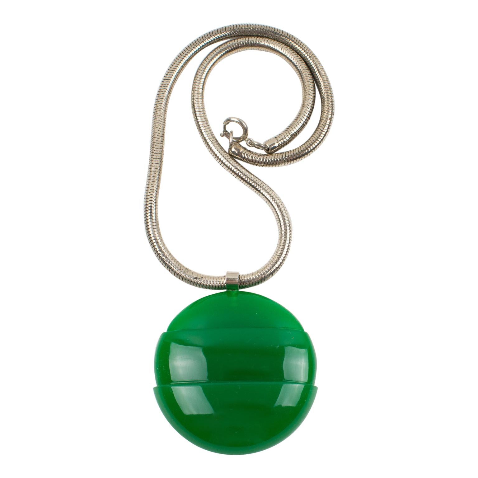 Lanvin Paris Modernist Green Lucite Medallion Necklace with Snake Chain, 1970s For Sale