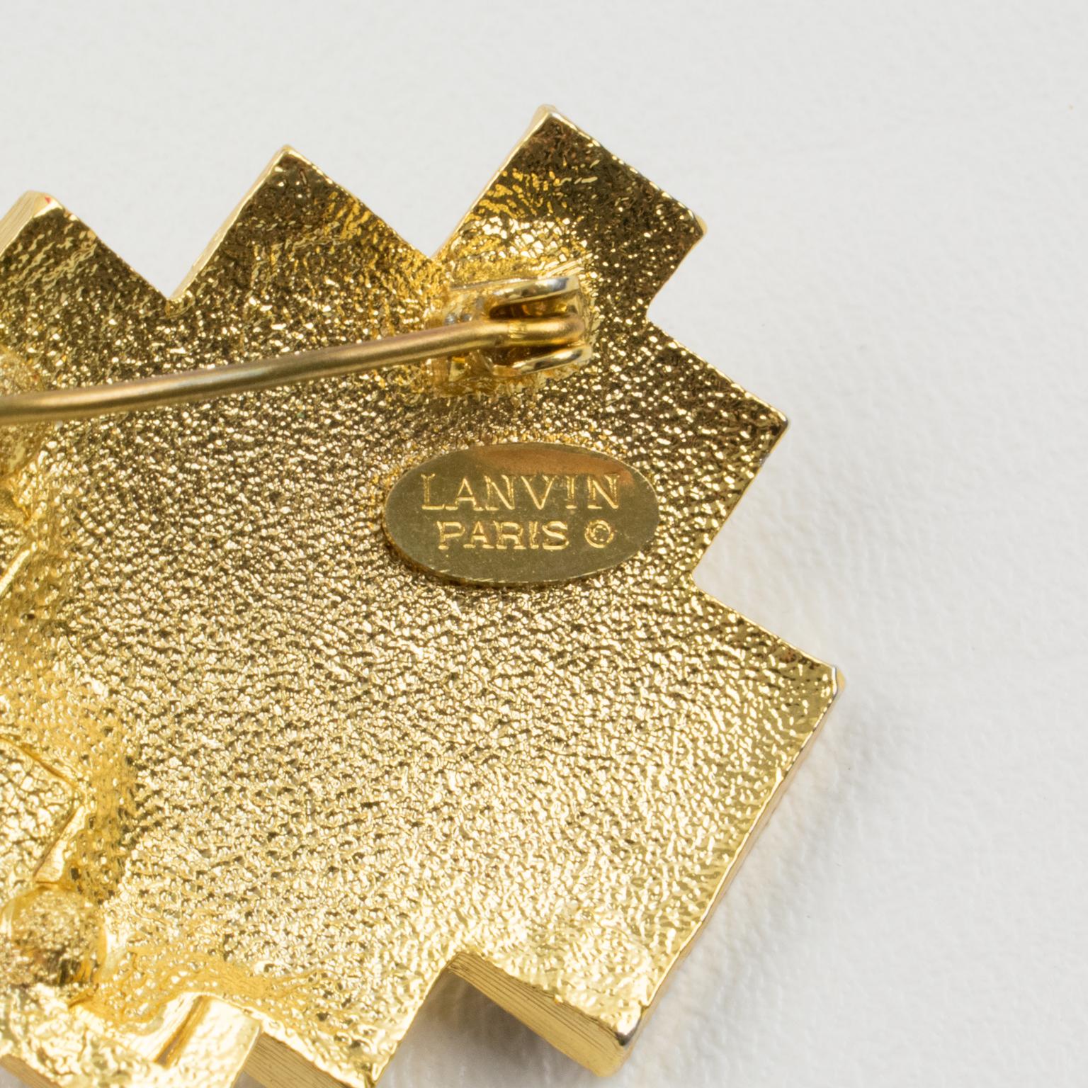 Broche Lanvin Paris Métal doré et émail gris géométrique Excellent état - En vente à Atlanta, GA