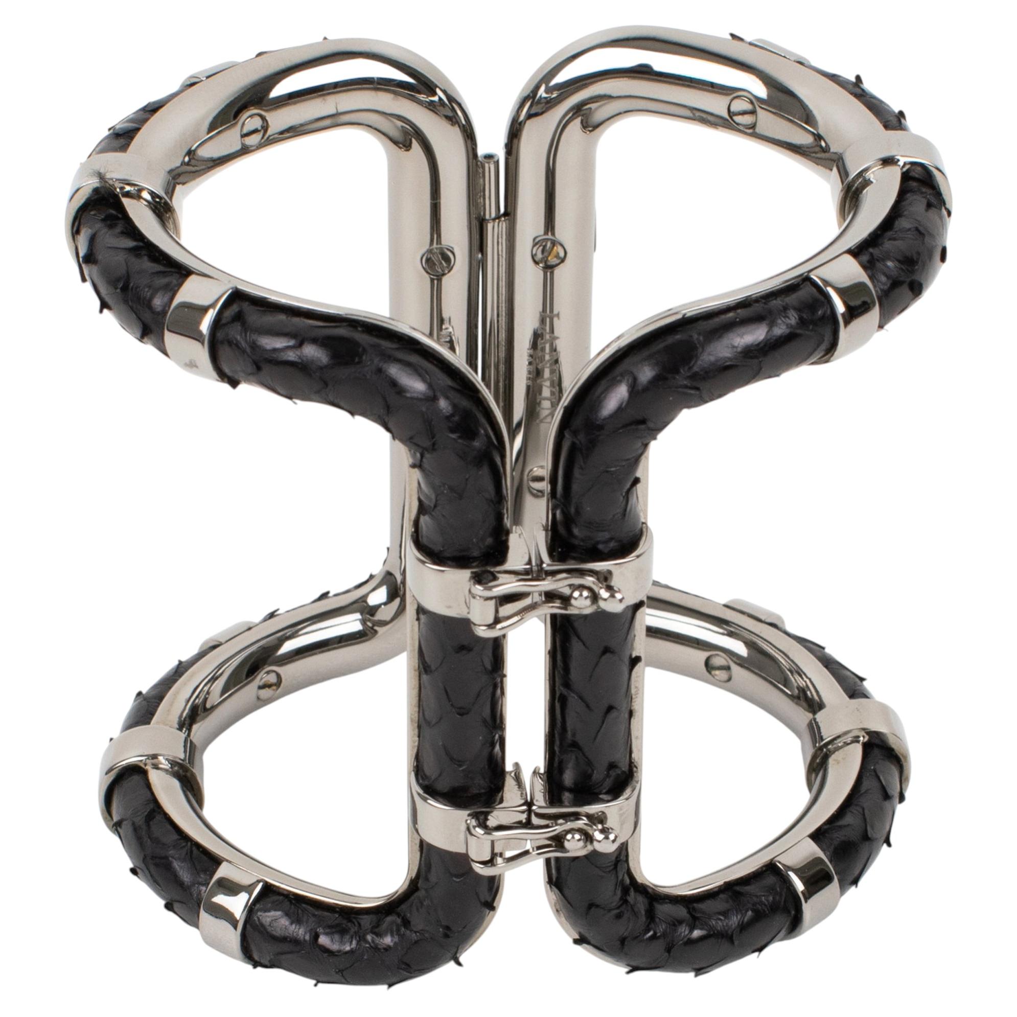 Click to view more detailed imagery on our partner's website Pre-owned Lanvin Paris Python Leather And Silvered Steel Clamper Bracelet In Multi