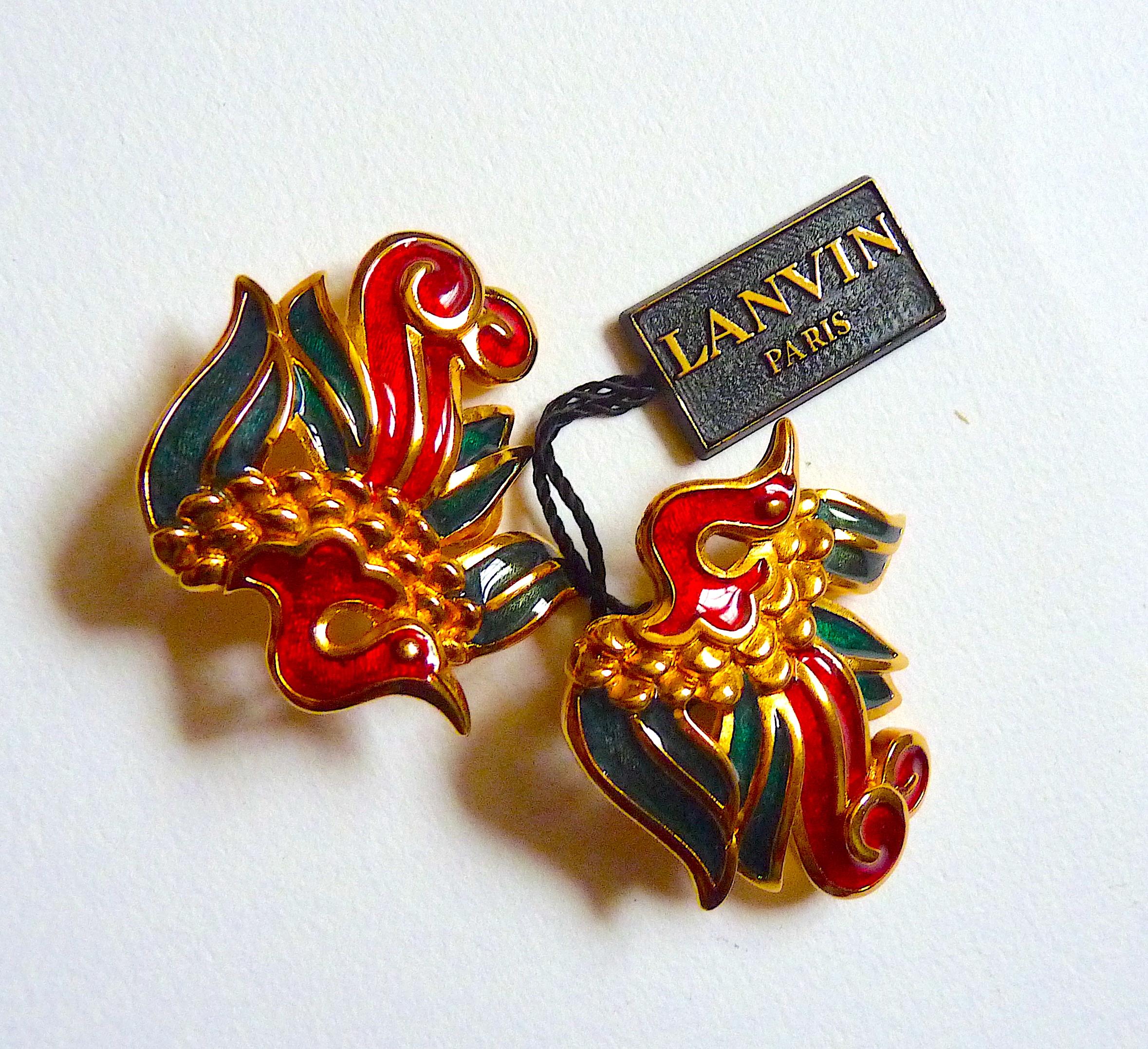LANVIN PARIS Rot Grün Emaille & Gold Metall Vögel Clip On Ohrringe von 1980s Damen im Angebot