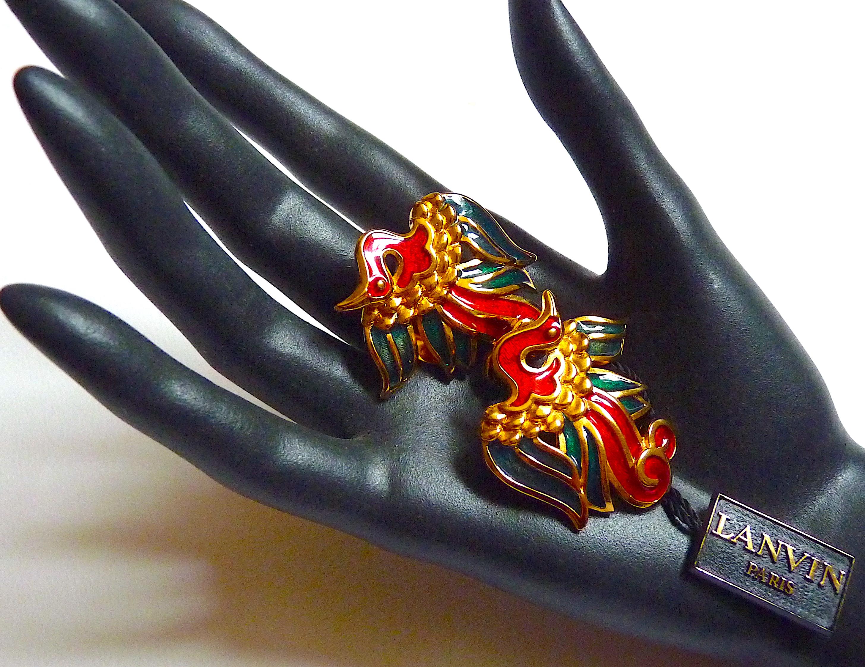LANVIN PARIS Red Green Enamel & Gold Metal Birds Clip On Earrings from 1980s For Sale 3