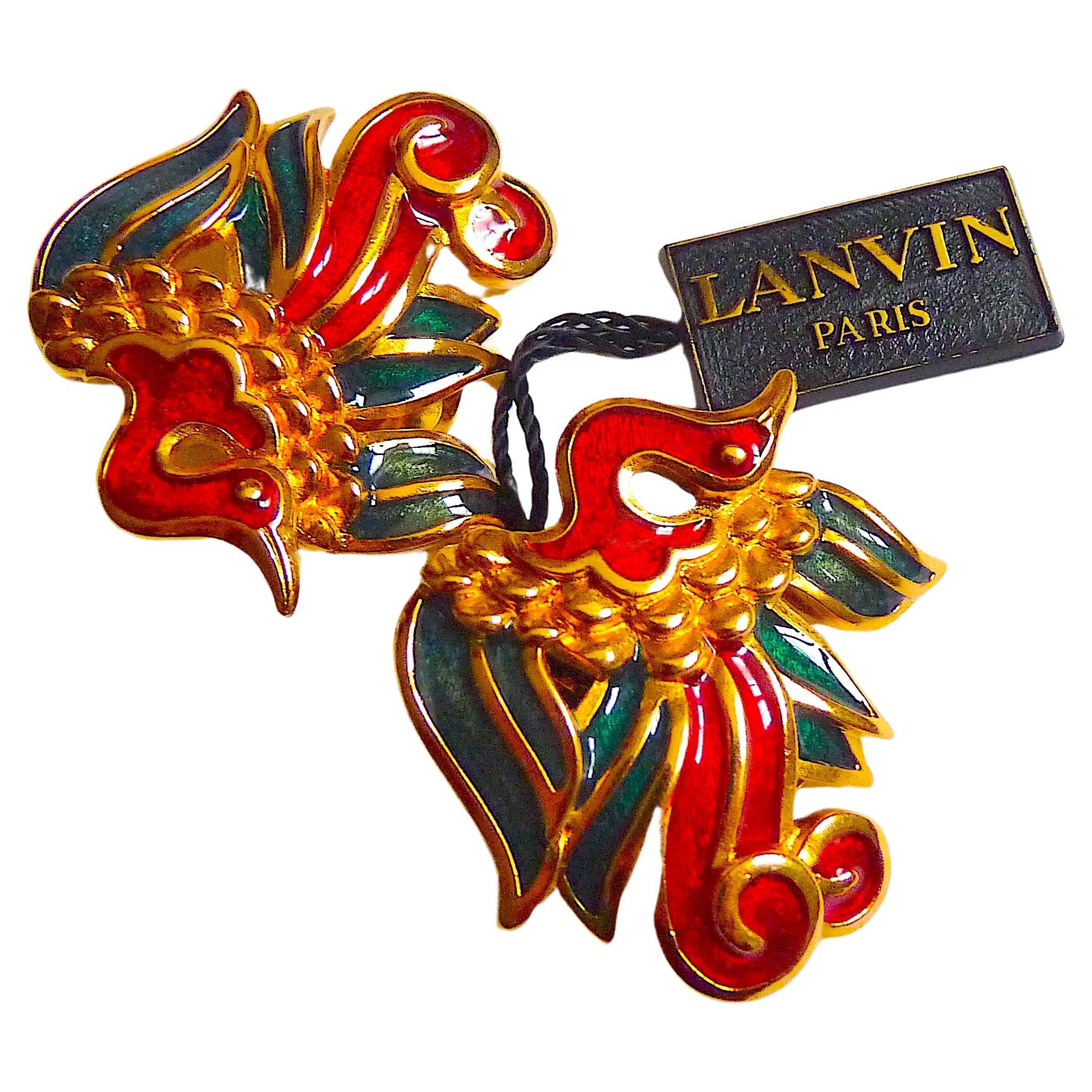 LANVIN PARIS Red Green Enamel & Gold Metal Birds Clip On Earrings from 1980s For Sale