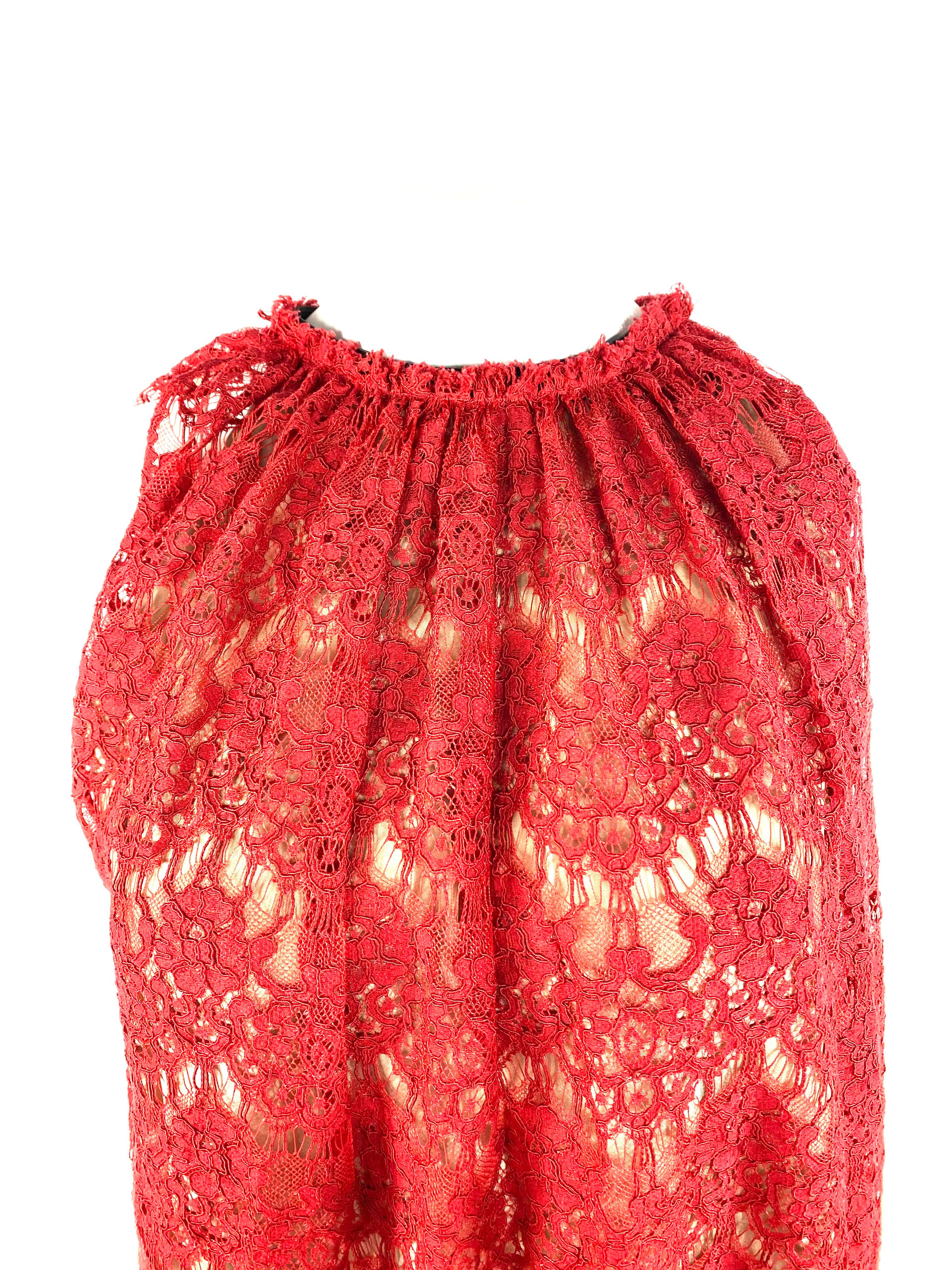 Product details:

The top is designed by Lanvin, it features red floral lace pattern with silk double lining, sleeveless design and hook closure at the neckline.