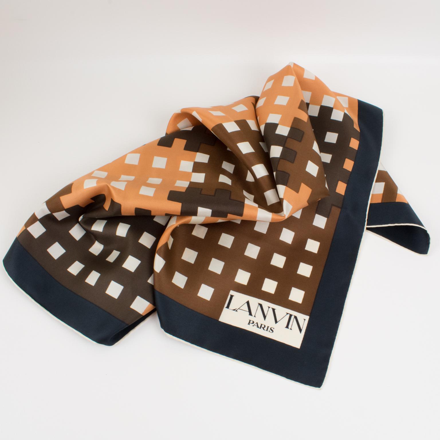 Lanvin Paris Silk Scarf 1970s Geometric Print in Camel and Brown Colors In Good Condition For Sale In Atlanta, GA