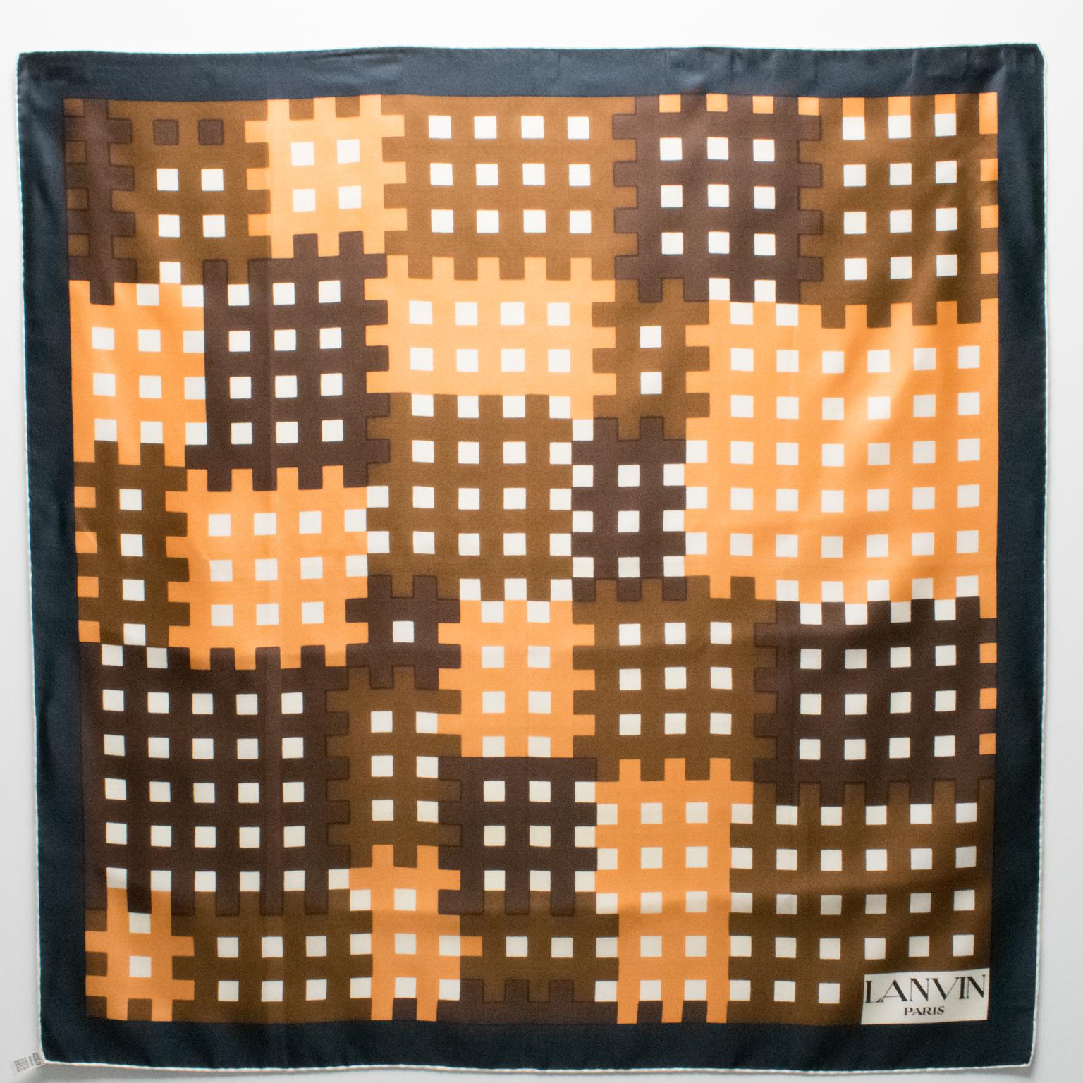 Lanvin Paris Silk Scarf Geometric Print in Camel and Brown, c1970 2