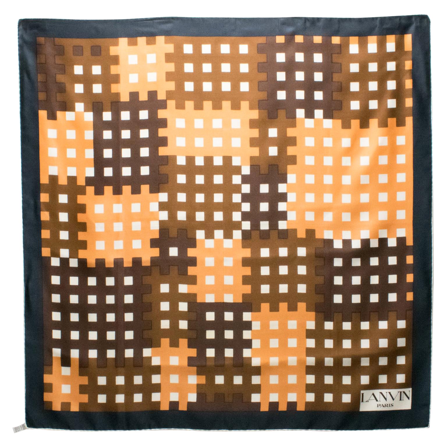 Lanvin Paris Silk Scarf Geometric Print in Camel and Brown, c1970