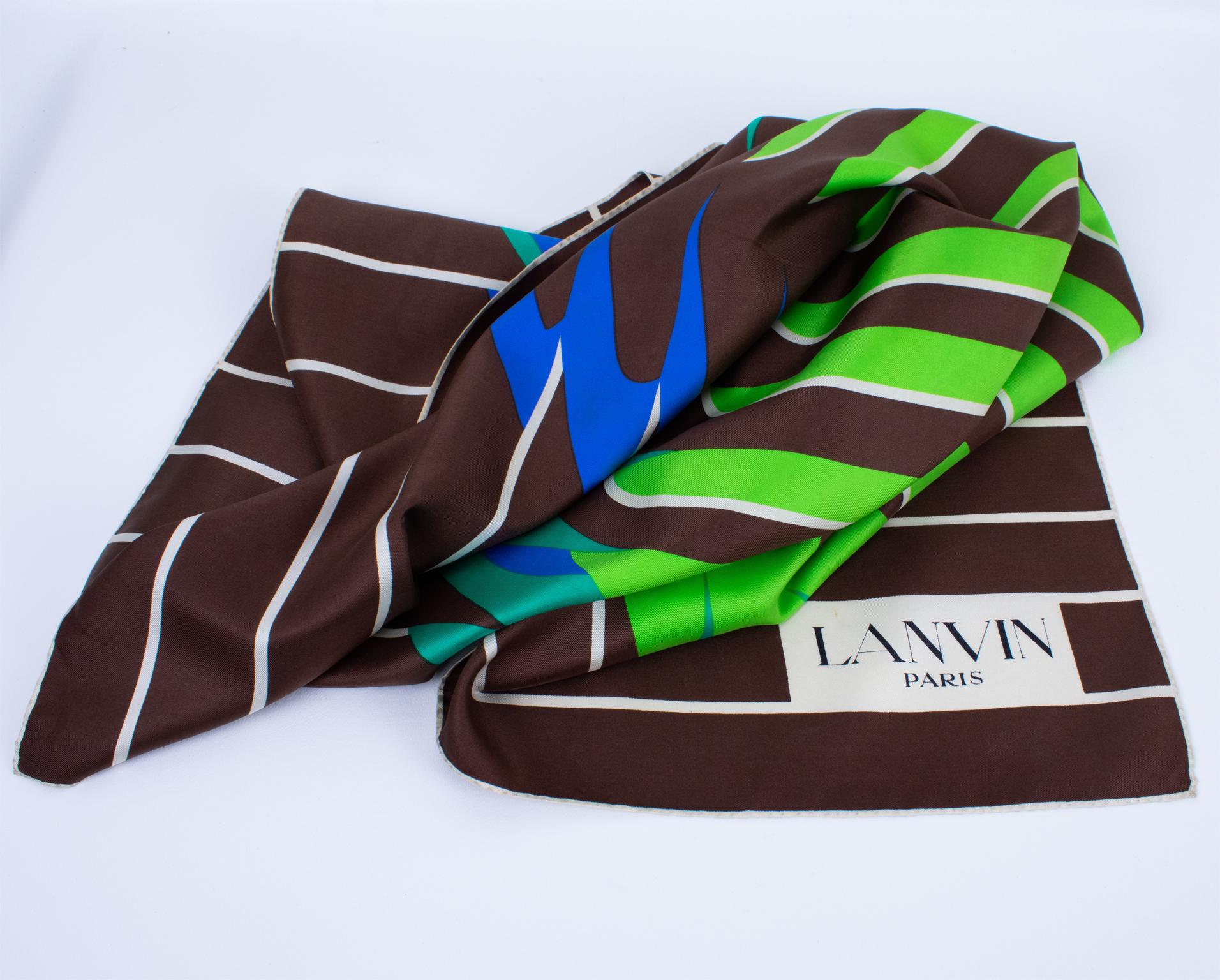Black Lanvin Paris Silk Scarf Geometric Print in Cocoa Brown and Green, c1970 For Sale