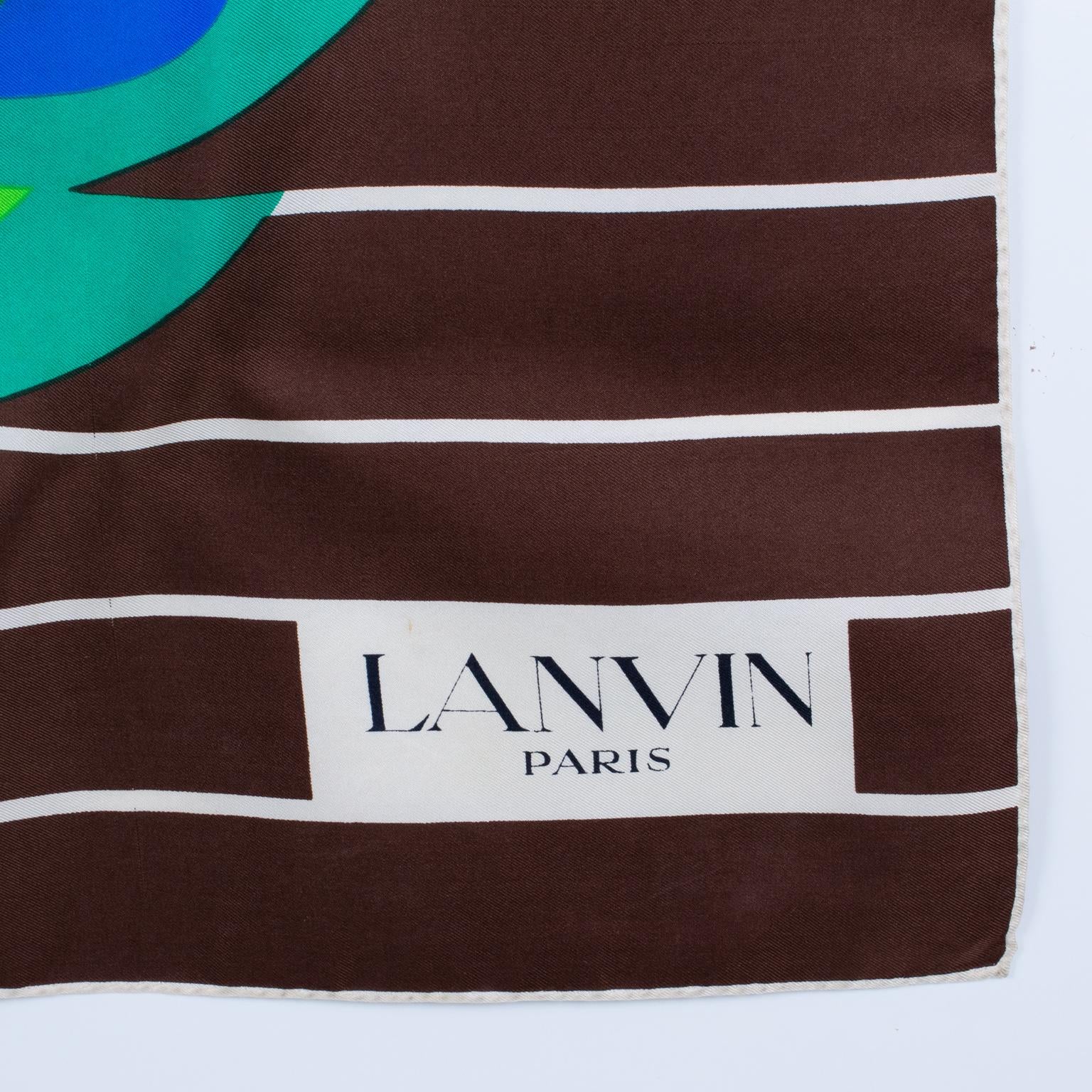 Lanvin Paris Silk Scarf Geometric Print in Cocoa Brown and Green, c1970 In Good Condition For Sale In Atlanta, GA