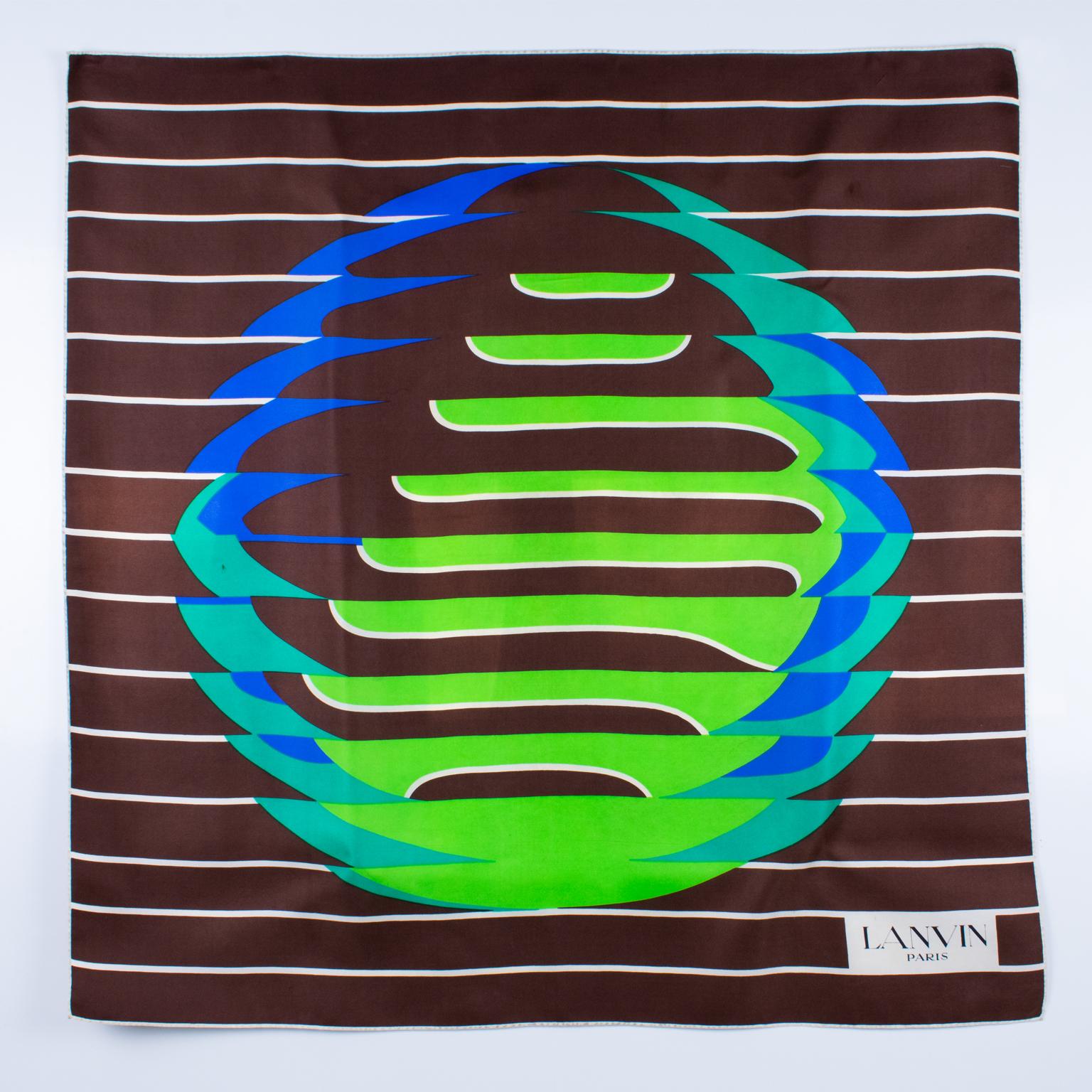 Women's or Men's Lanvin Paris Silk Scarf Geometric Print in Cocoa Brown and Green, c1970 For Sale